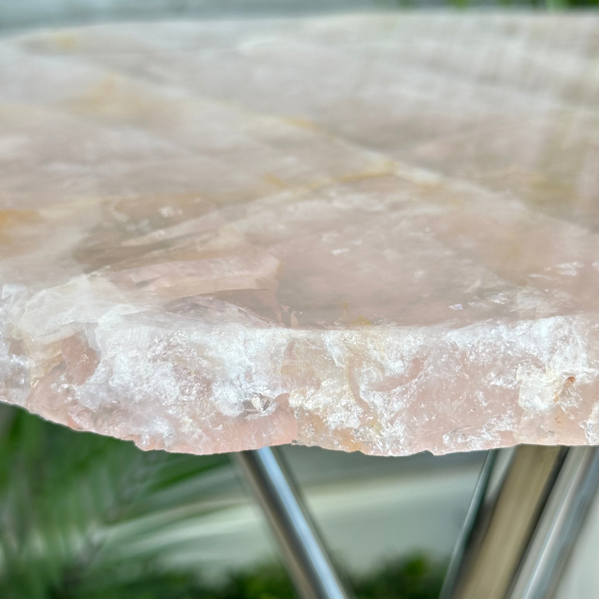 Natural Rose Quartz Side Table on Chrome Metal Base, 24.5" Tall #1341RQ-001 - Brazil GemsBrazil GemsNatural Rose Quartz Side Table on Chrome Metal Base, 24.5" Tall #1341RQ-001Tables: Side1341RQ-001