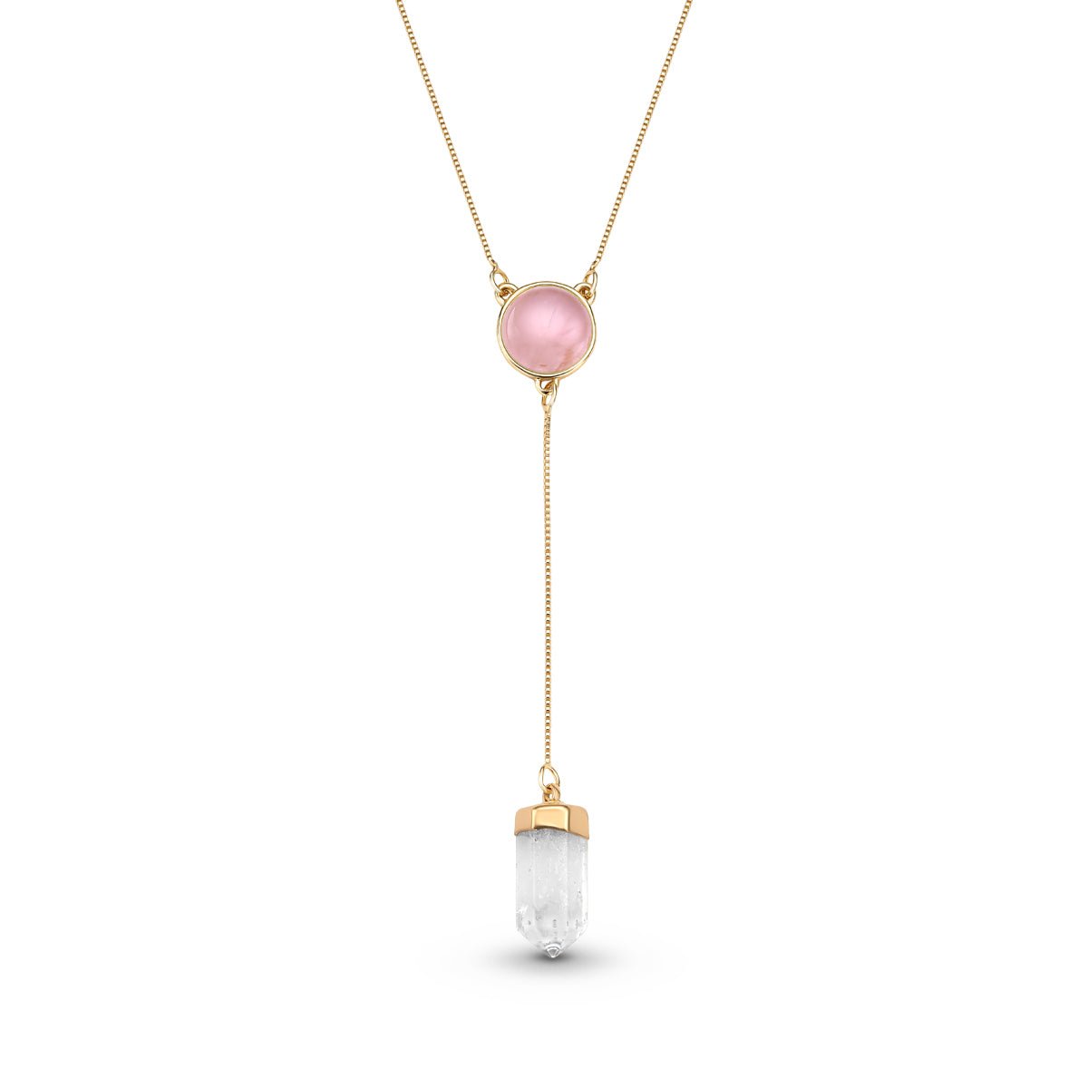 Natural Round Gemstone with Clear Quartz Point, 18K Gold Plated Lariat Necklace - Brazil GemsBrazil GemsNatural Round Gemstone with Clear Quartz Point, 18K Gold Plated Lariat NecklaceNecklace12GP0298 - 218