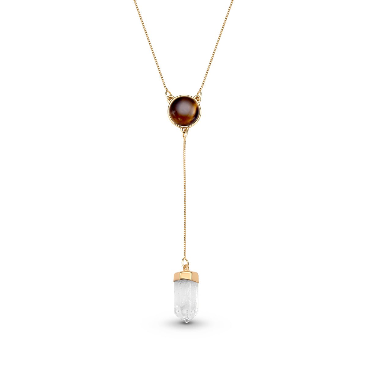 Natural Round Gemstone with Clear Quartz Point, 18K Gold Plated Lariat Necklace - Brazil GemsBrazil GemsNatural Round Gemstone with Clear Quartz Point, 18K Gold Plated Lariat NecklaceNecklace12GP0298 - 211