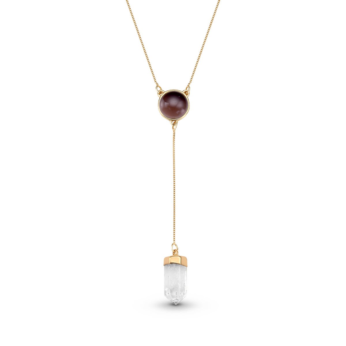 Natural Round Gemstone with Clear Quartz Point, 18K Gold Plated Lariat Necklace - Brazil GemsBrazil GemsNatural Round Gemstone with Clear Quartz Point, 18K Gold Plated Lariat NecklaceNecklace12GP0298 - 209