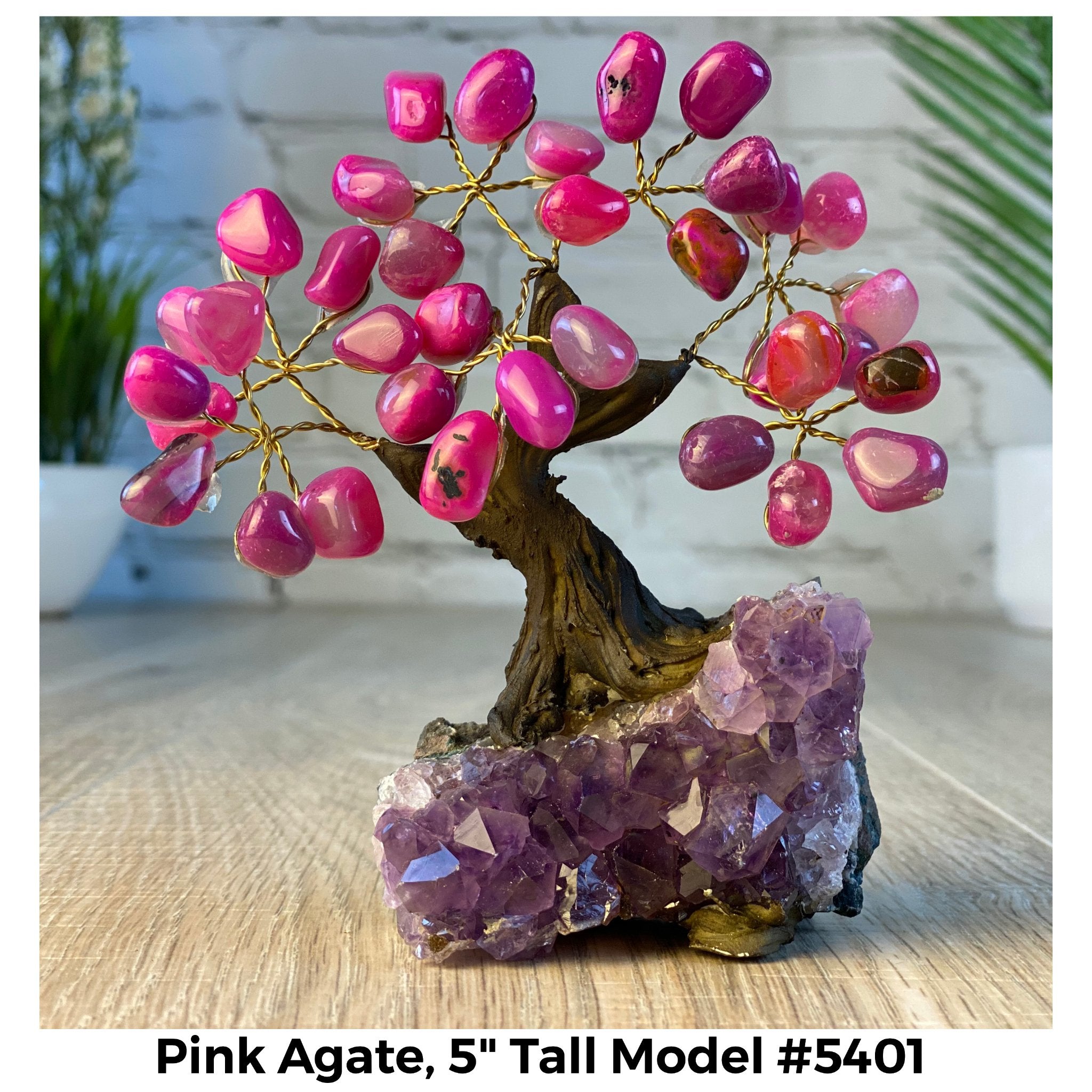 Pink Agate 5" Tall Handmade Gemstone Tree on a Crystal base, 35 Gems #5401PNKA - Brazil GemsBrazil GemsPink Agate 5" Tall Handmade Gemstone Tree on a Crystal base, 35 Gems #5401PNKAGemstone Trees5401PNKA