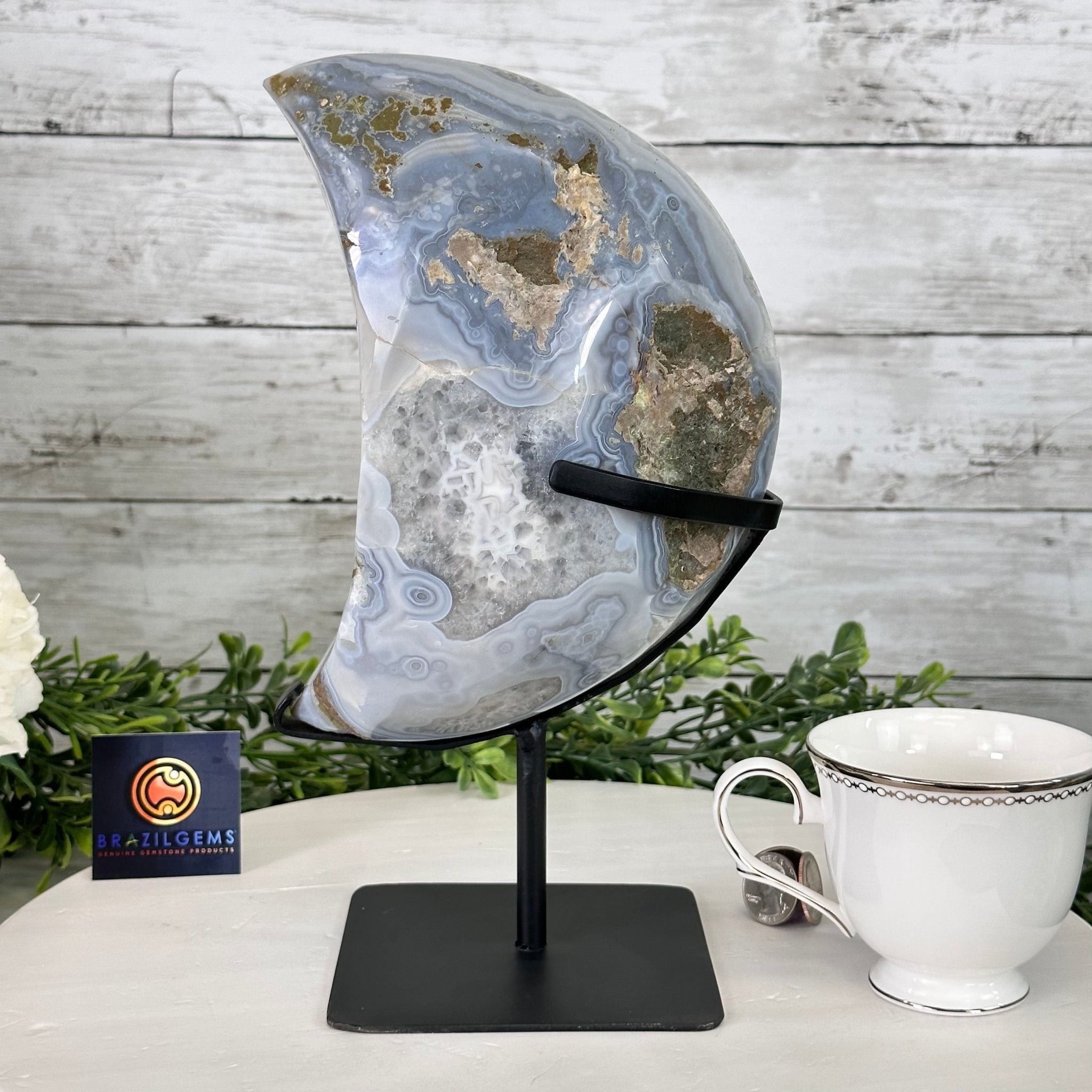 Polished Agate Crescent Moon on a Stand, 6.3 lbs & 11" Tall #5740NA-011 by Brazil Gems - Brazil GemsBrazil GemsPolished Agate Crescent Moon on a Stand, 6.3 lbs & 11" Tall #5740NA-011 by Brazil GemsCrescent Moons5740NA-011