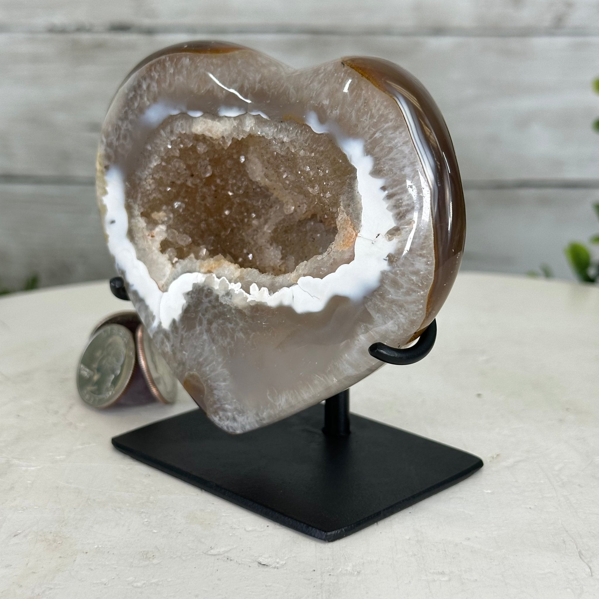 Polished Agate Heart Geode on a Metal Stand, 1.1 lbs & 4.2" Tall, Model #5468-0076 by Brazil Gems - Brazil GemsBrazil GemsPolished Agate Heart Geode on a Metal Stand, 1.1 lbs & 4.2" Tall, Model #5468-0076 by Brazil GemsHearts5468-0076