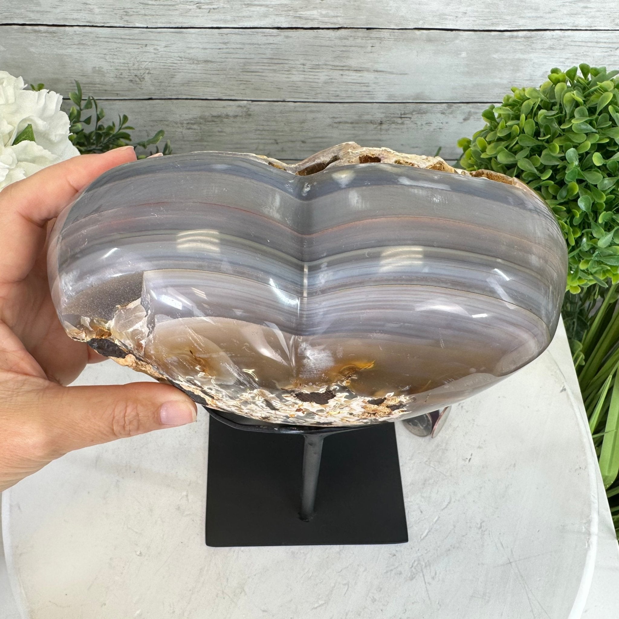 Polished Agate Heart Geode on a Metal Stand, 9.3 lbs & 9" Tall, Model #5468-0086 by Brazil Gems - Brazil GemsBrazil GemsPolished Agate Heart Geode on a Metal Stand, 9.3 lbs & 9" Tall, Model #5468-0086 by Brazil GemsHearts5468-0086