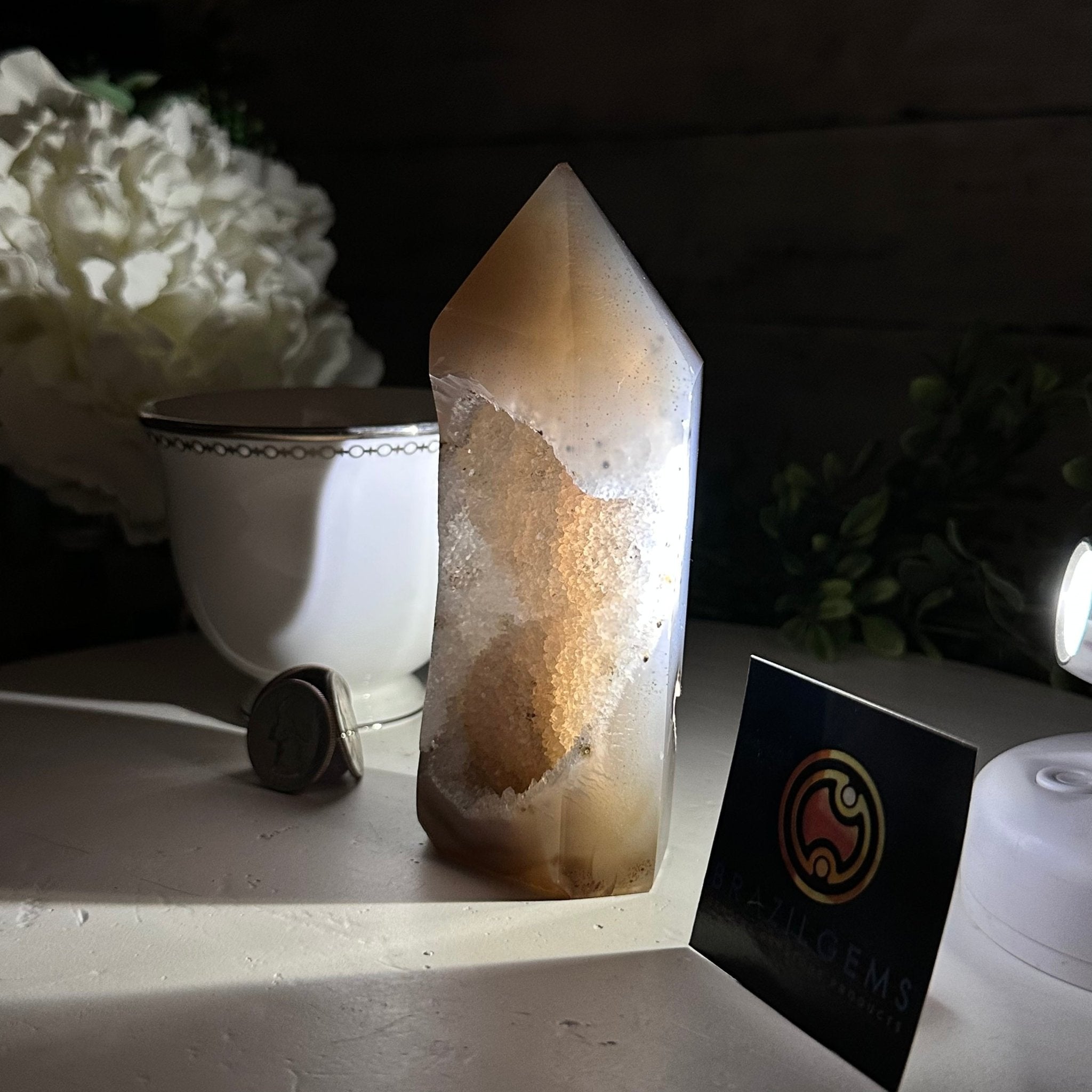 Polished Brazilian Drusy Agate Crystal Point, 0.81 lbs & 5.2" Tall, Model #3106NA-007 - Brazil GemsBrazil GemsPolished Brazilian Drusy Agate Crystal Point, 0.81 lbs & 5.2" Tall, Model #3106NA-007Crystal Points3106NA-007