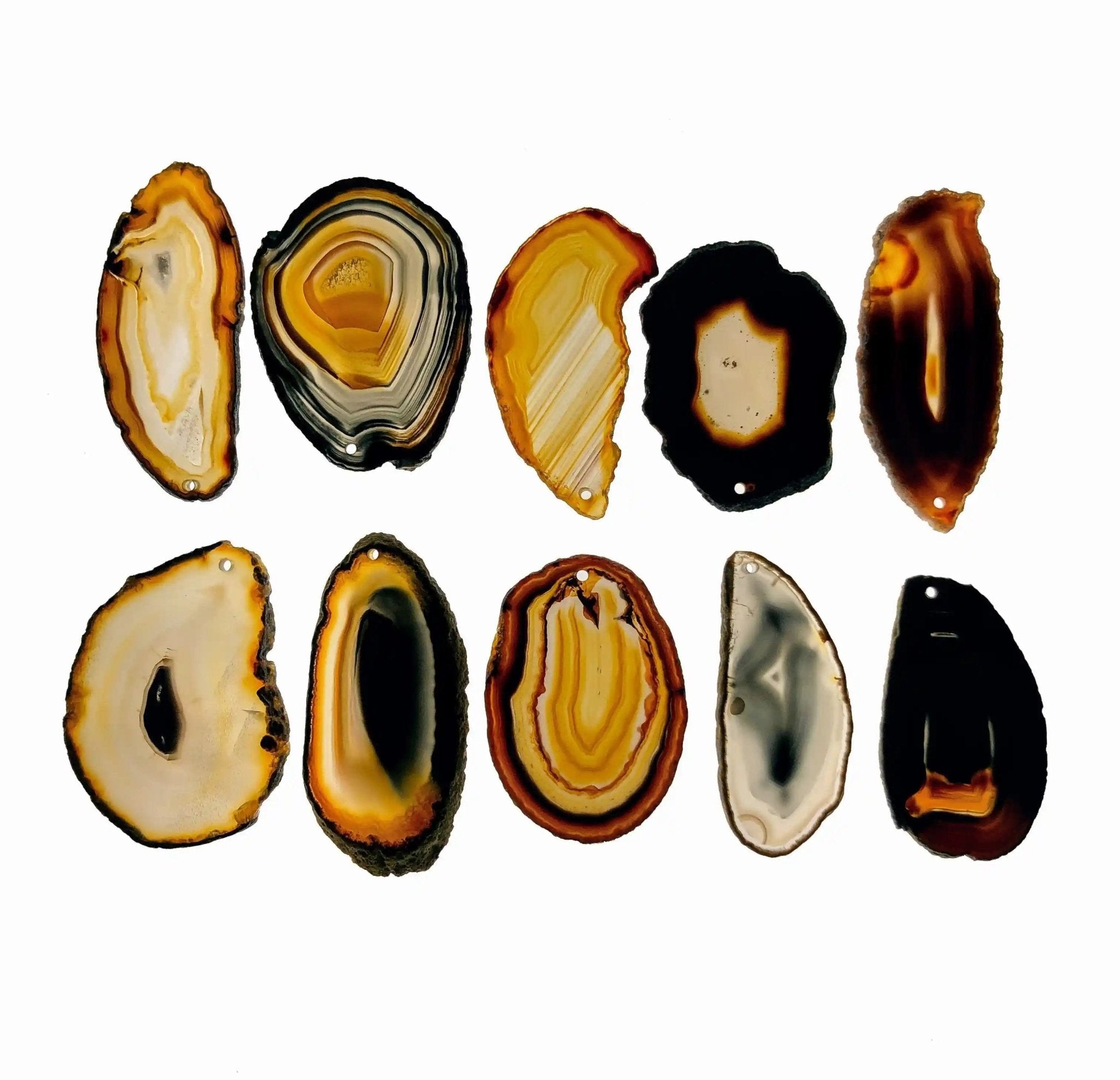 Polished Natural Agate slices w/ top drilled pendant hole, 10 slices Model #5051NAHL - Brazil GemsBrazil GemsPolished Natural Agate slices w/ top drilled pendant hole, 10 slices Model #5051NAHLSlices for Crafts5051NAHL
