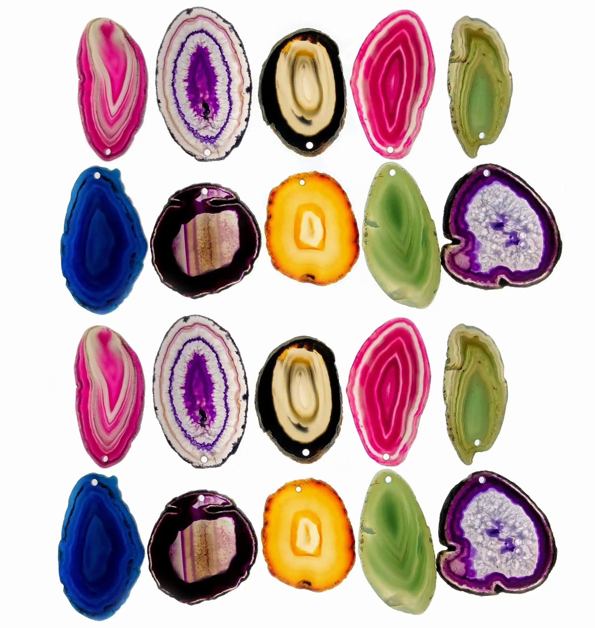 Polished Natural and Dyed Agate Slices, mixed colors, w/ top drilled pendant hole, 1.5" to 3", 10 slices #5053COHL - Brazil GemsBrazil GemsPolished Natural and Dyed Agate Slices, mixed colors, w/ top drilled pendant hole, 1.5" to 3", 10 slices #5053COHLSlices for Crafts5053COHL