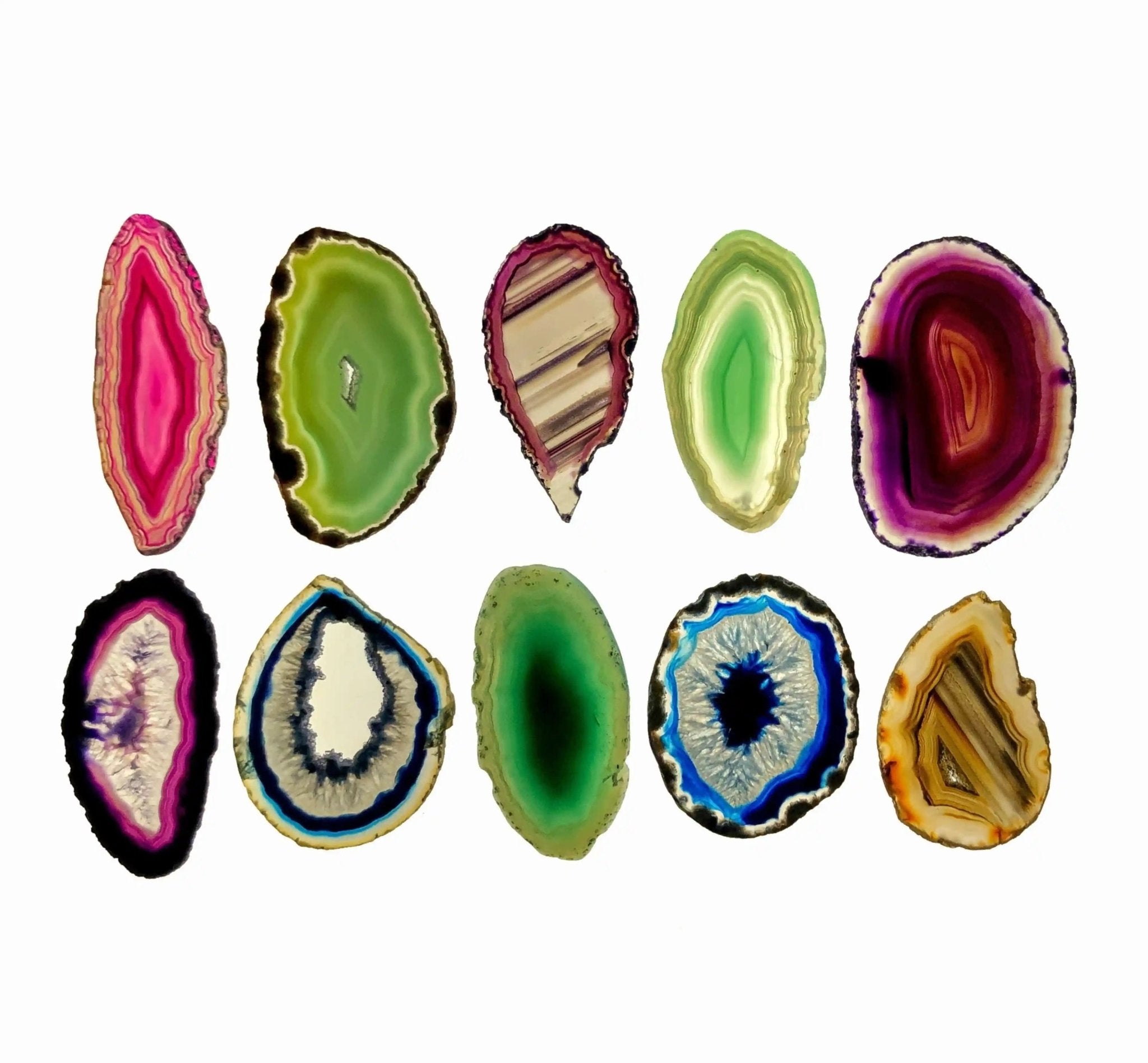 Polished Natural & Dyed Agate slices Mix, No drilled pendant hole, 1.5" to 3", 10 pieces #5054CONO - Brazil GemsBrazil GemsPolished Natural & Dyed Agate slices Mix, No drilled pendant hole, 1.5" to 3", 10 pieces #5054CONOSlices for Crafts5054CONO