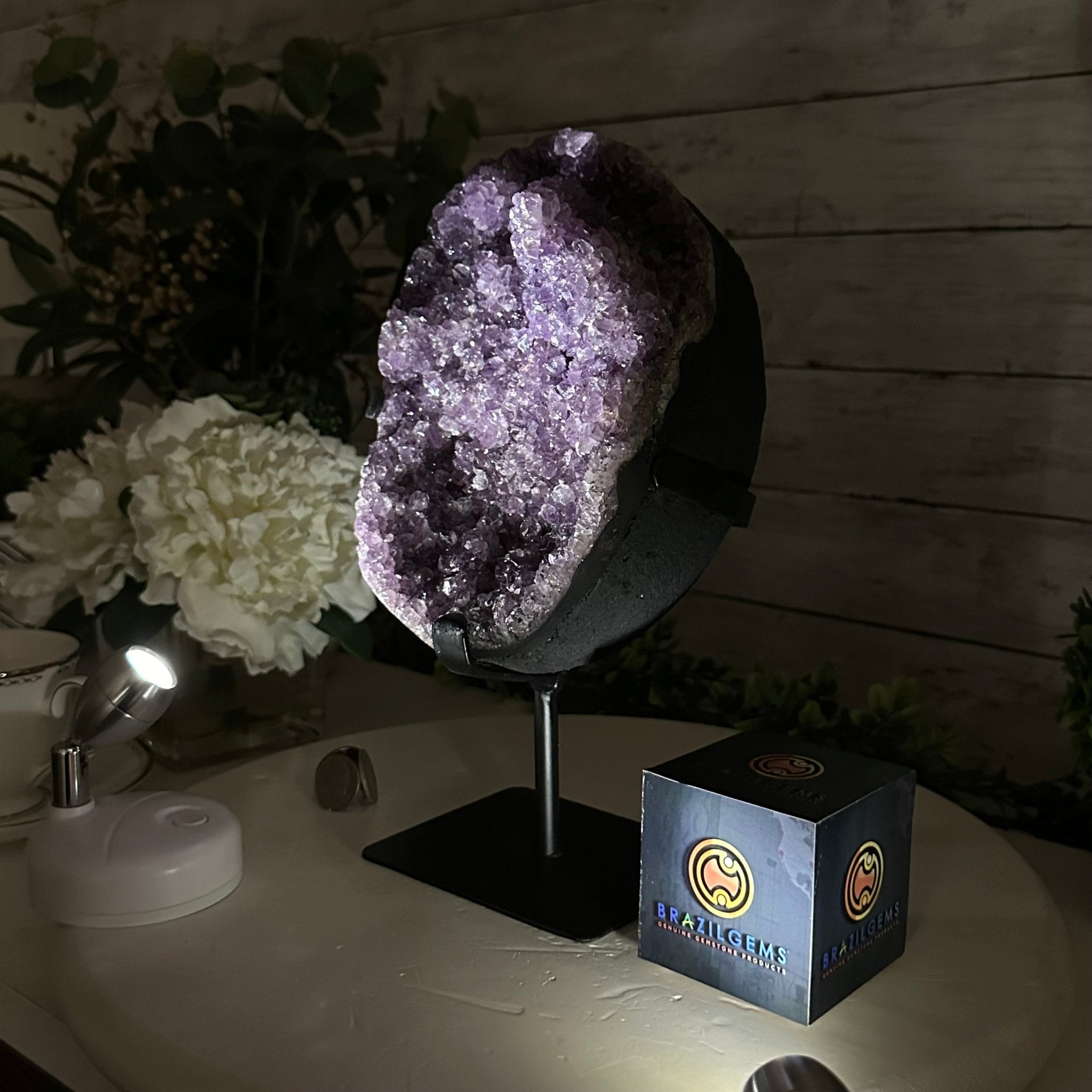 Quality Amethyst Cluster on a Metal Base, 10.1 lbs & 11" Tall #5491 - 0045 - Brazil GemsBrazil GemsQuality Amethyst Cluster on a Metal Base, 10.1 lbs & 11" Tall #5491 - 0045Clusters on Fixed Bases5491 - 0045