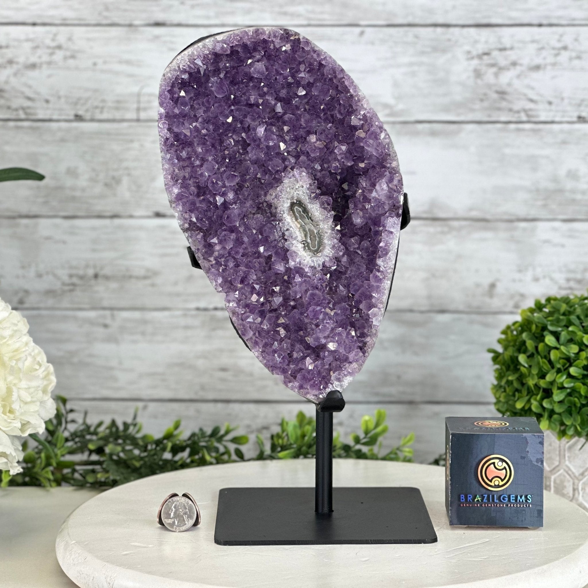 Quality Amethyst Cluster on a Metal Base, 13.9 lbs & 13.6" Tall #5491 - 0052 - Brazil GemsBrazil GemsQuality Amethyst Cluster on a Metal Base, 13.9 lbs & 13.6" Tall #5491 - 0052Clusters on Fixed Bases5491 - 0052