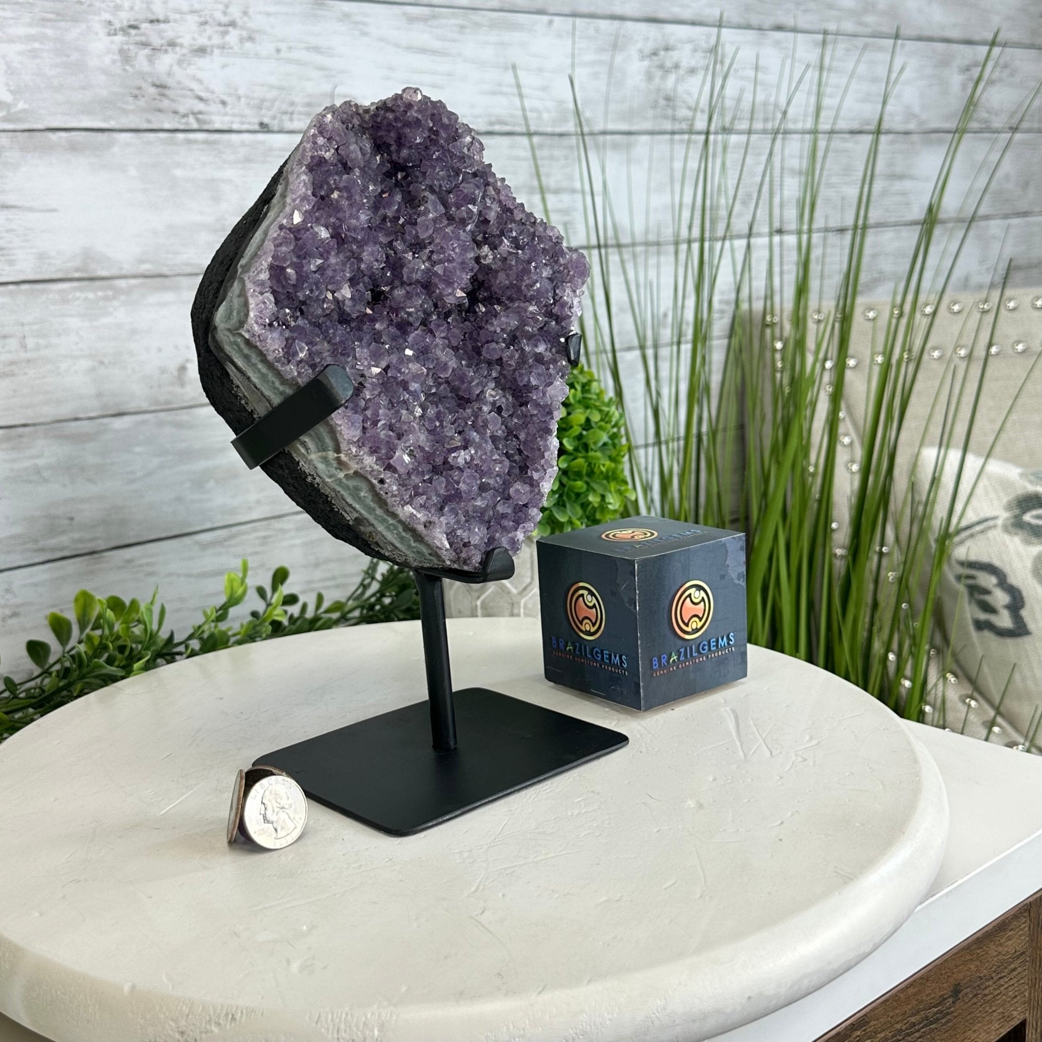 Quality Amethyst Cluster on a Metal Base, 7.2 lbs & 9.75" Tall #5491 - 0055 - Brazil GemsBrazil GemsQuality Amethyst Cluster on a Metal Base, 7.2 lbs & 9.75" Tall #5491 - 0055Clusters on Fixed Bases5491 - 0055