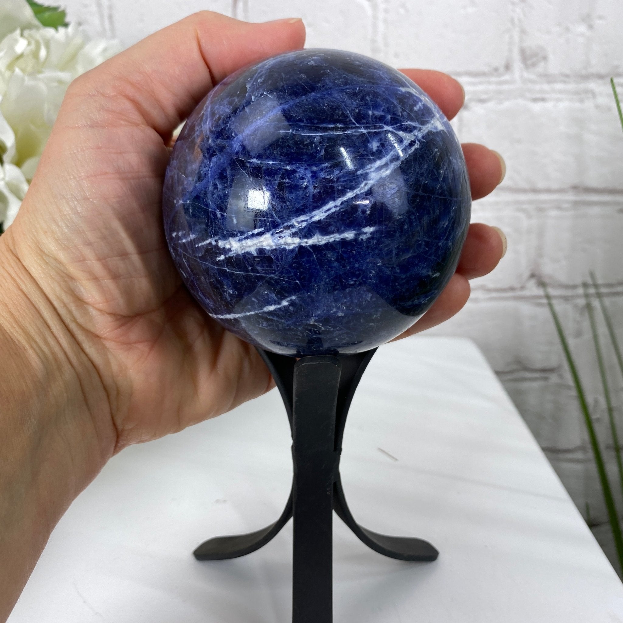 Quality Sodalite Sphere on a Black Metal Base, 3.2" diameter and 7" tall Model #5633-0005 by Brazil Gems - Brazil GemsBrazil GemsQuality Sodalite Sphere on a Black Metal Base, 3.2" diameter and 7" tall Model #5633-0005 by Brazil GemsSpheres5633-0005