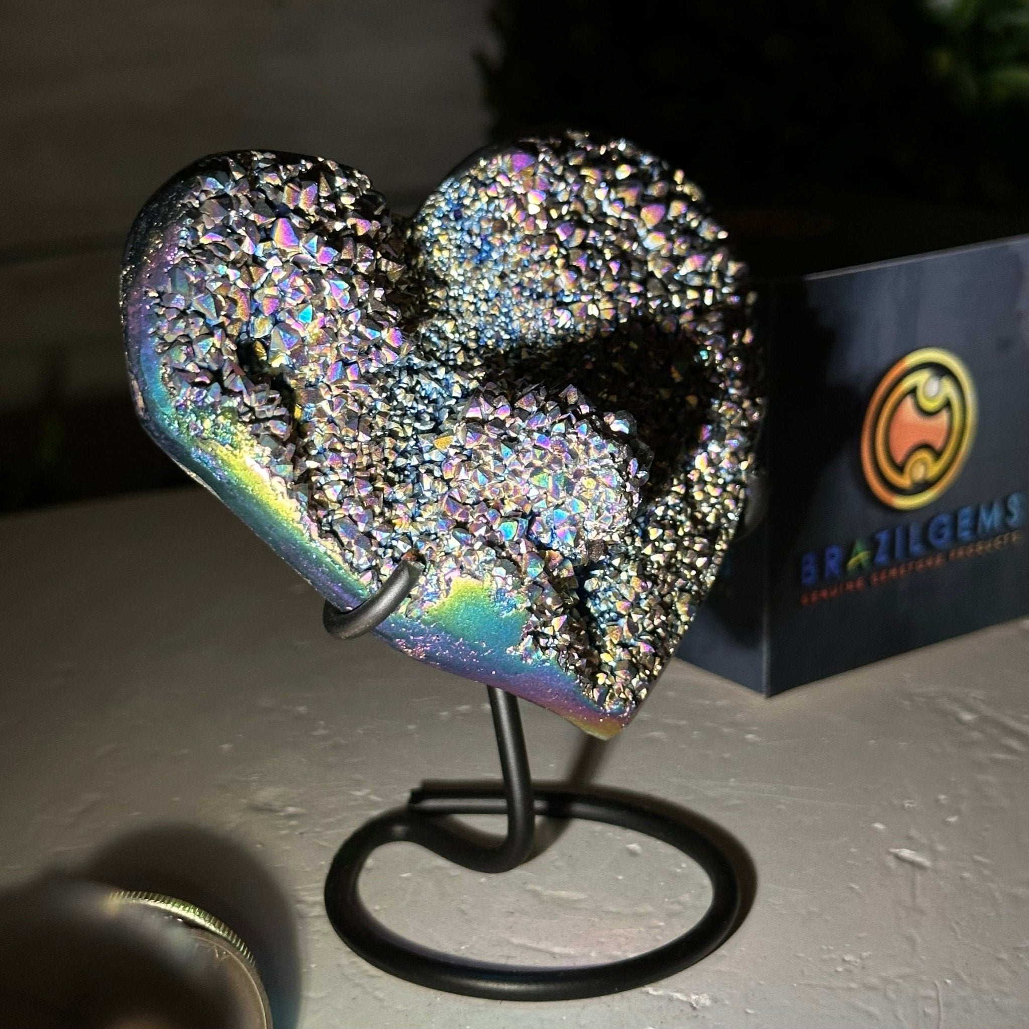 Rainbow Aura Amethyst Heart on a Metal Stand, 0.4 lbs & 3.8" Tall #5463RA-014 - Brazil GemsBrazil GemsRainbow Aura Amethyst Heart on a Metal Stand, 0.4 lbs & 3.8" Tall #5463RA-014Hearts5463RA-014