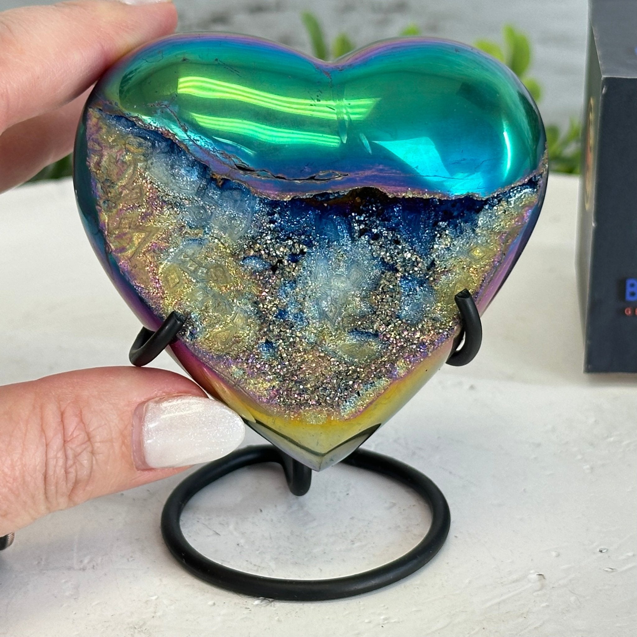 Rainbow Aura Amethyst Heart on a Metal Stand, 0.6 lbs & 3.6" Tall #5463RA-018 - Brazil GemsBrazil GemsRainbow Aura Amethyst Heart on a Metal Stand, 0.6 lbs & 3.6" Tall #5463RA-018Hearts5463RA-018