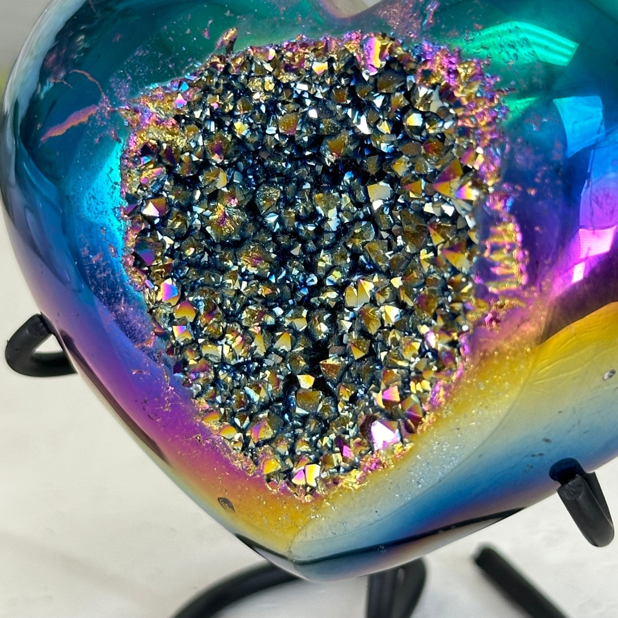 Rainbow Aura Amethyst Heart on a Metal Stand, 0.6 lbs & 3.6" Tall #5463RA-019 - Brazil GemsBrazil GemsRainbow Aura Amethyst Heart on a Metal Stand, 0.6 lbs & 3.6" Tall #5463RA-019Hearts5463RA-019