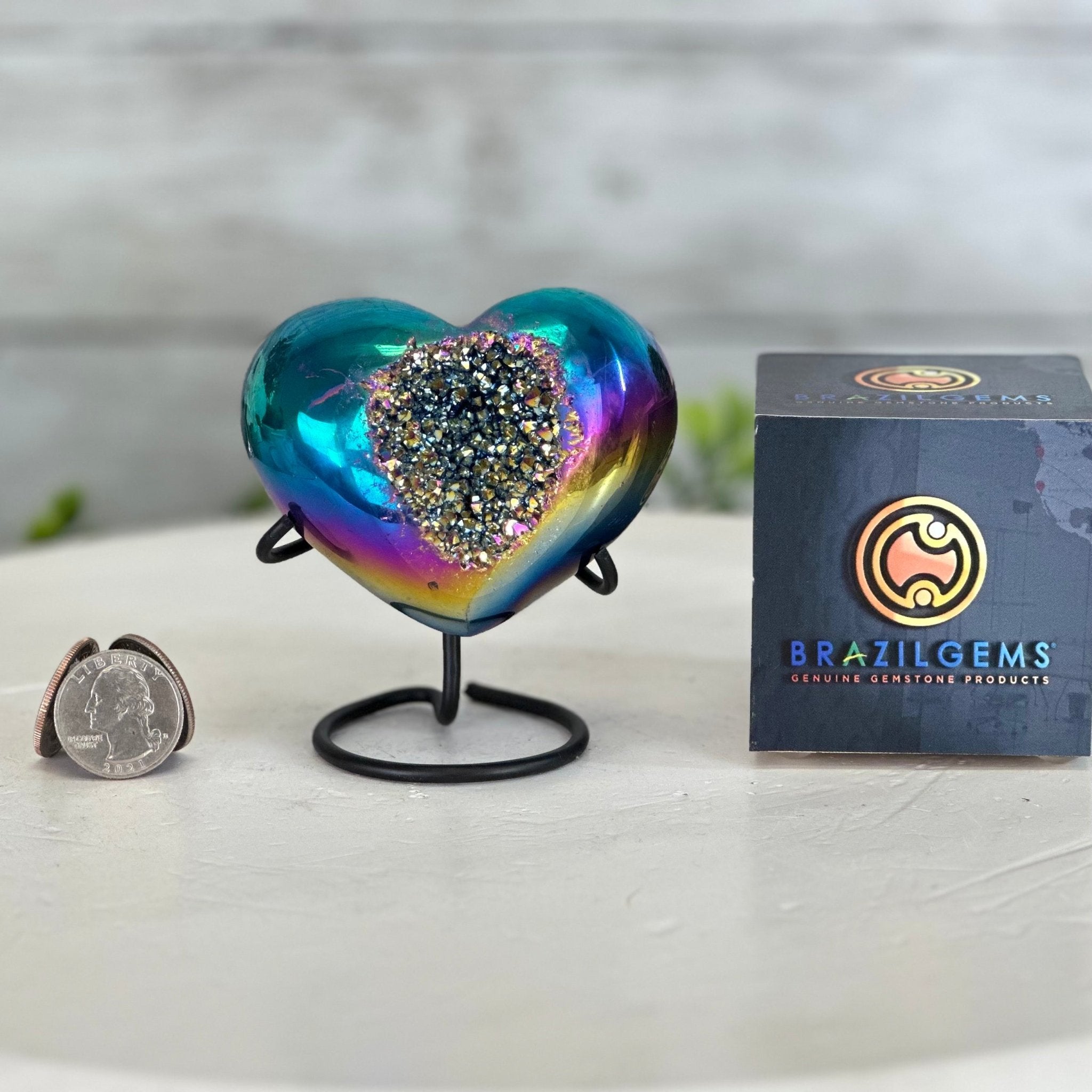 Rainbow Aura Amethyst Heart on a Metal Stand, 0.6 lbs & 3.6" Tall #5463RA-019 - Brazil GemsBrazil GemsRainbow Aura Amethyst Heart on a Metal Stand, 0.6 lbs & 3.6" Tall #5463RA-019Hearts5463RA-019