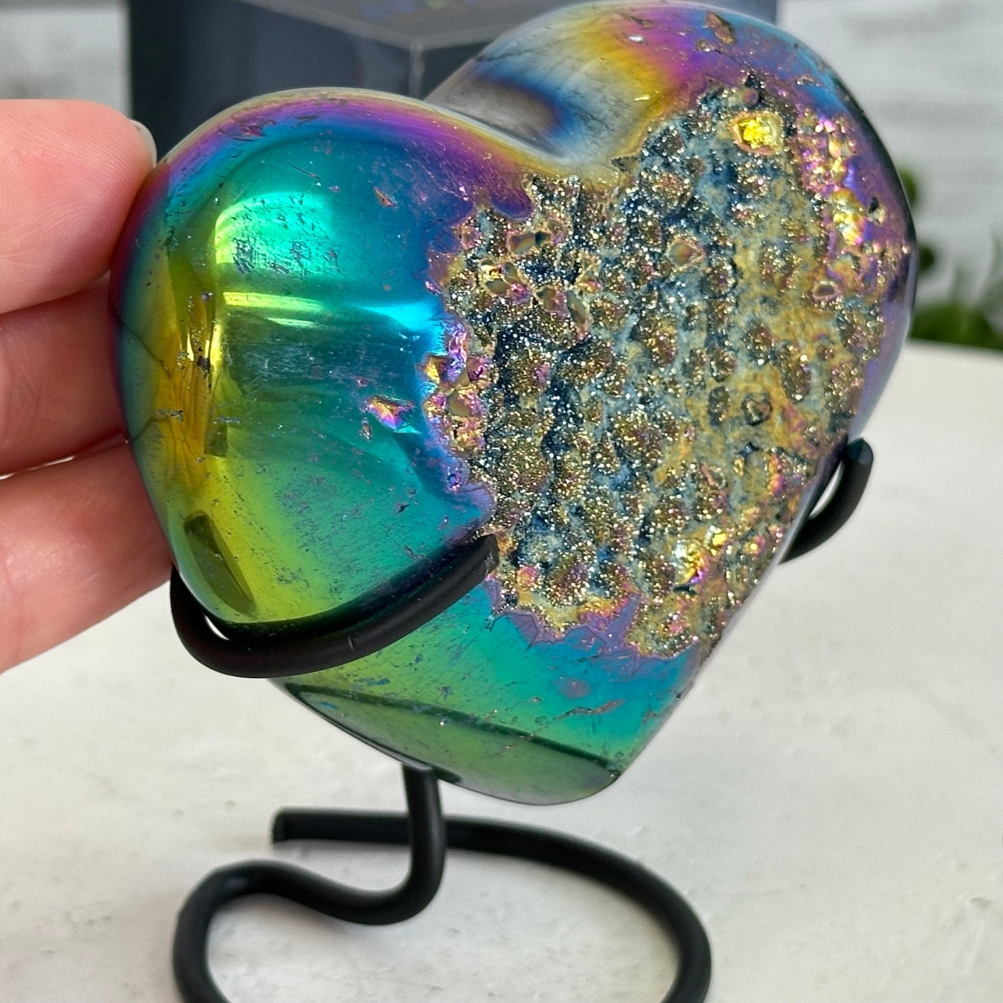 Rainbow Aura Amethyst Heart on a Metal Stand, 0.8 lbs & 3.8" Tall #5463RA-020 - Brazil GemsBrazil GemsRainbow Aura Amethyst Heart on a Metal Stand, 0.8 lbs & 3.8" Tall #5463RA-020Hearts5463RA-020
