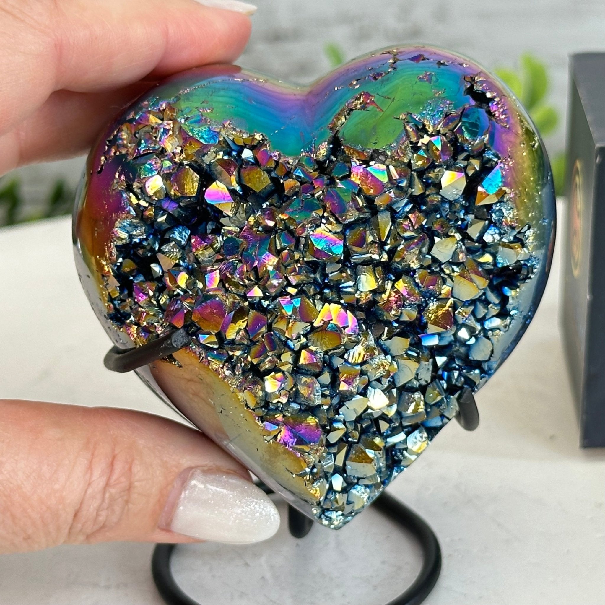Rainbow Aura Amethyst Heart on a Metal Stand, 1 lbs & 4" Tall #5463RA-021 - Brazil GemsBrazil GemsRainbow Aura Amethyst Heart on a Metal Stand, 1 lbs & 4" Tall #5463RA-021Hearts5463RA-021