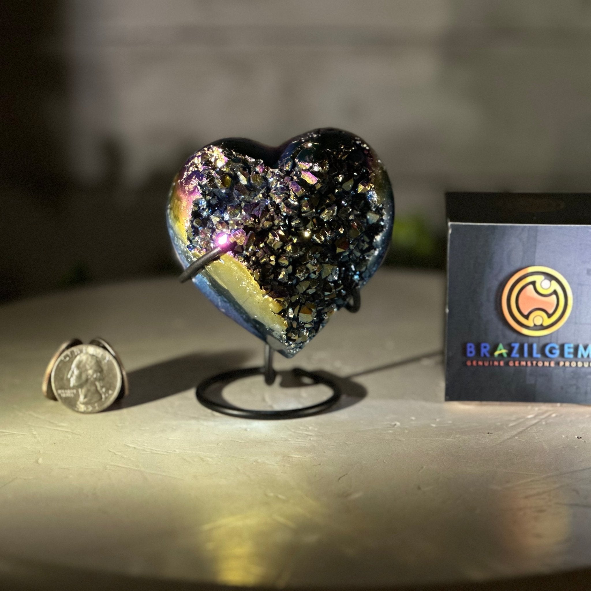 Rainbow Aura Amethyst Heart on a Metal Stand, 1 lbs & 4" Tall #5463RA-021 - Brazil GemsBrazil GemsRainbow Aura Amethyst Heart on a Metal Stand, 1 lbs & 4" Tall #5463RA-021Hearts5463RA-021