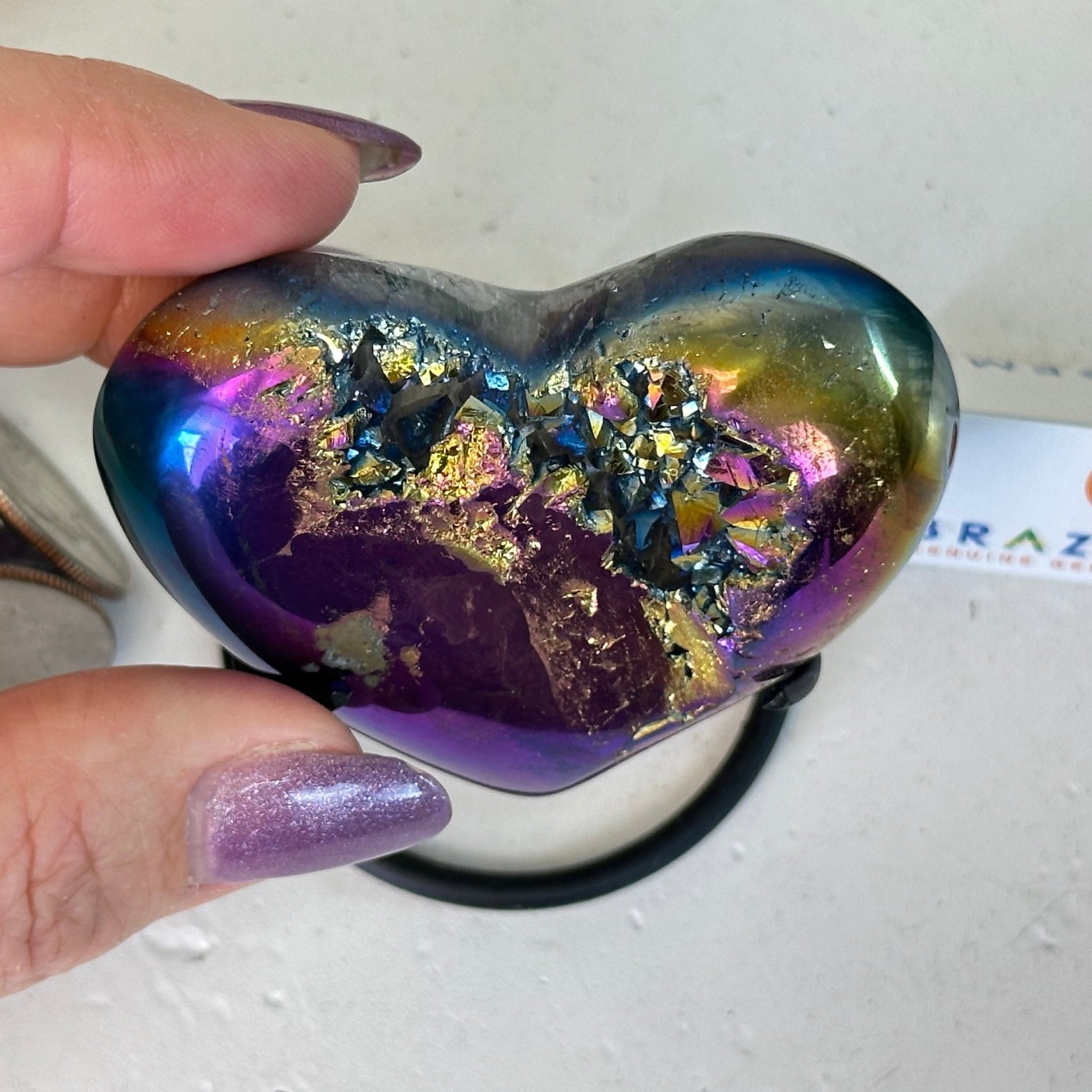 Rainbow Aura Quartz Heart on a Metal Stand, 0.3 lbs & 2.8" Tall #5463RA - 022 - Brazil GemsBrazil GemsRainbow Aura Quartz Heart on a Metal Stand, 0.3 lbs & 2.8" Tall #5463RA - 022Hearts5463RA - 022