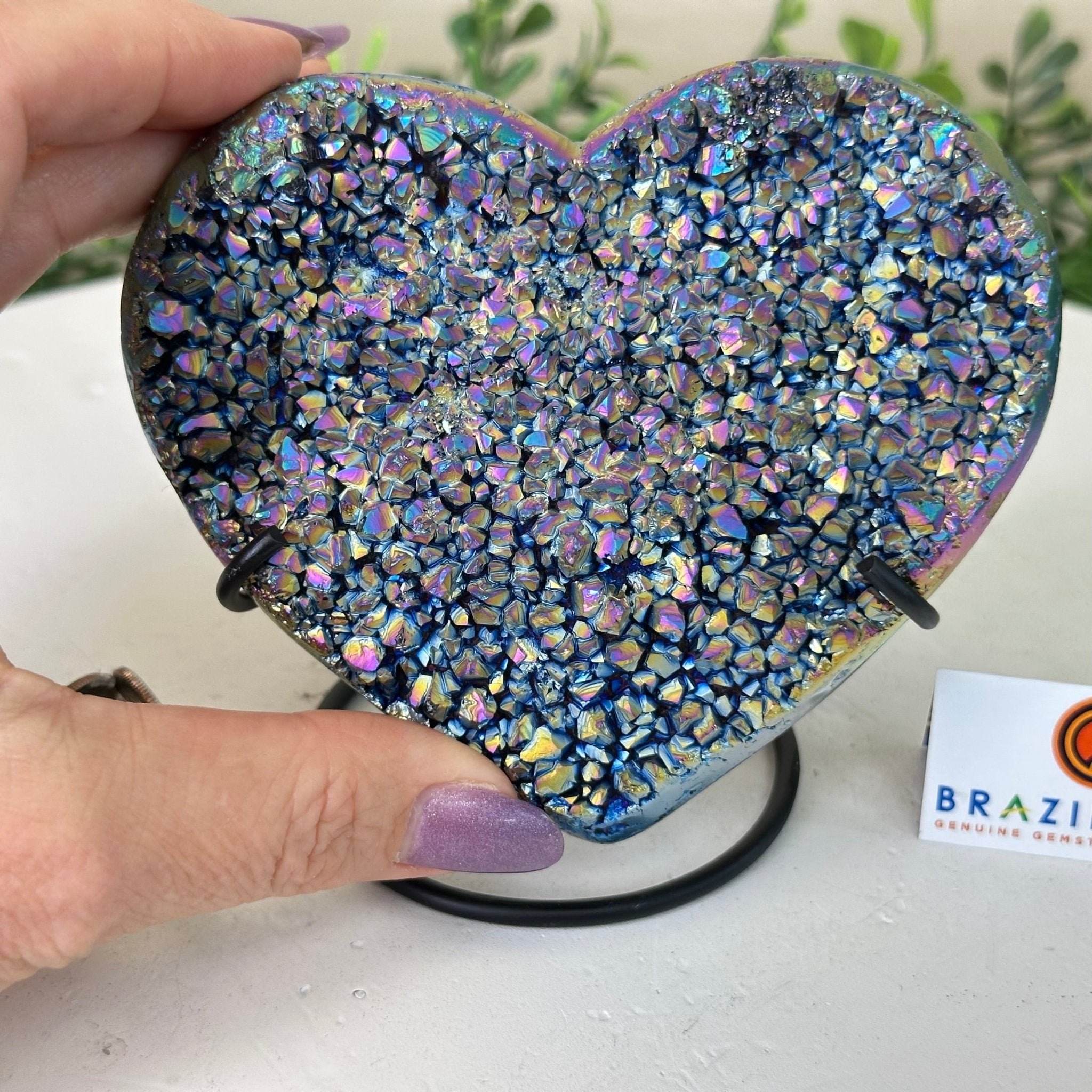 Rainbow Aura Quartz Heart on a Metal Stand, 0.8 lbs & 4.2" Tall #5463RA - 040 - Brazil GemsBrazil GemsRainbow Aura Quartz Heart on a Metal Stand, 0.8 lbs & 4.2" Tall #5463RA - 040Hearts5463RA - 040