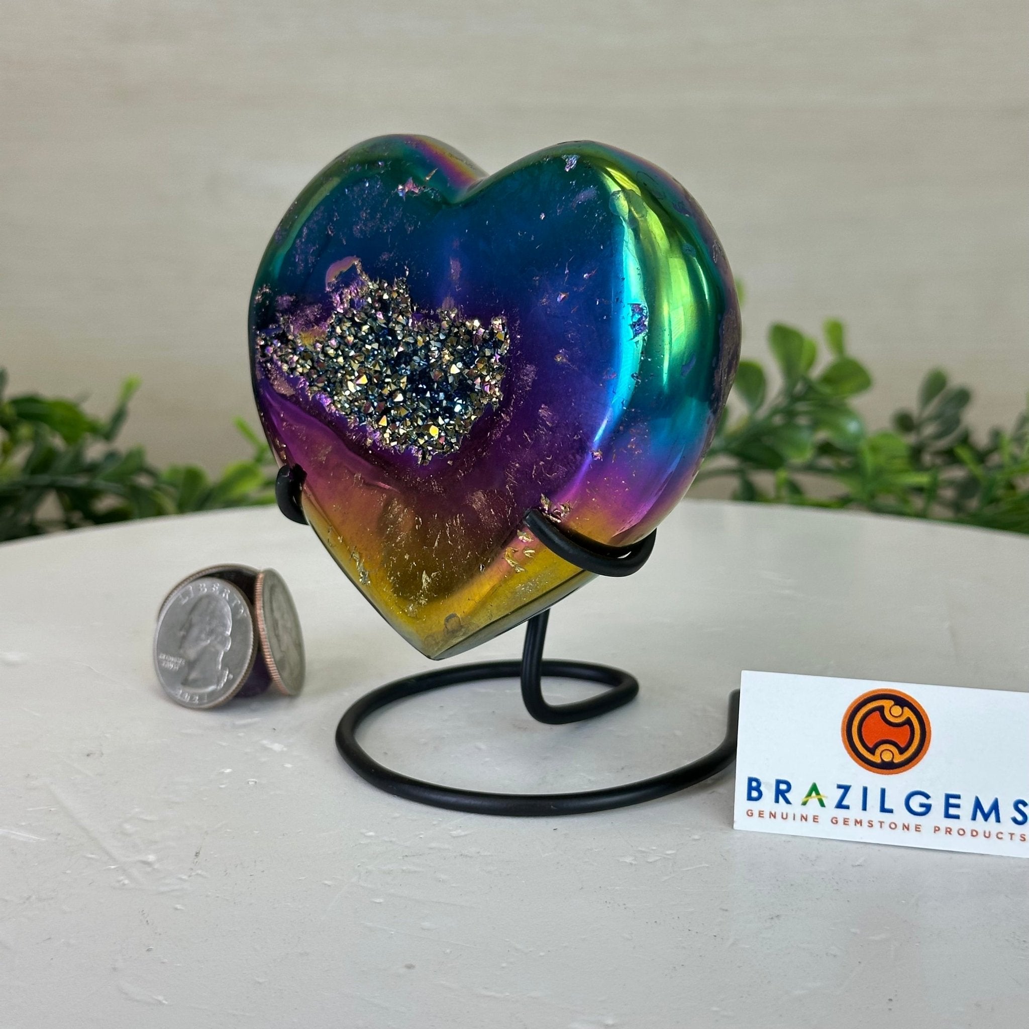 Rainbow Aura Quartz Heart on a Metal Stand, 0.9 lbs & 4.1" Tall #5463RA - 046 - Brazil GemsBrazil GemsRainbow Aura Quartz Heart on a Metal Stand, 0.9 lbs & 4.1" Tall #5463RA - 046Hearts5463RA - 046