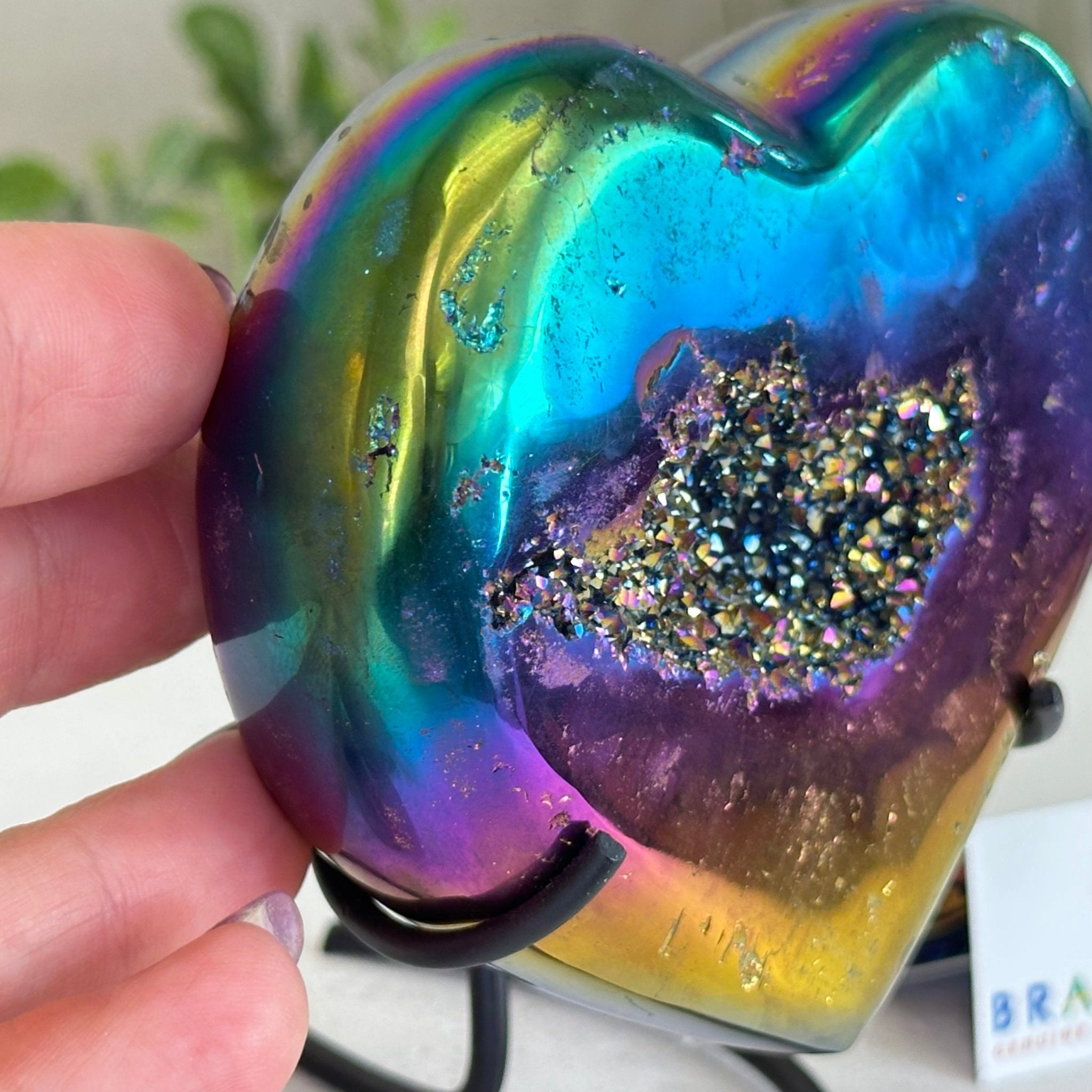 Rainbow Aura Quartz Heart on a Metal Stand, 0.9 lbs & 4.1" Tall #5463RA - 046 - Brazil GemsBrazil GemsRainbow Aura Quartz Heart on a Metal Stand, 0.9 lbs & 4.1" Tall #5463RA - 046Hearts5463RA - 046