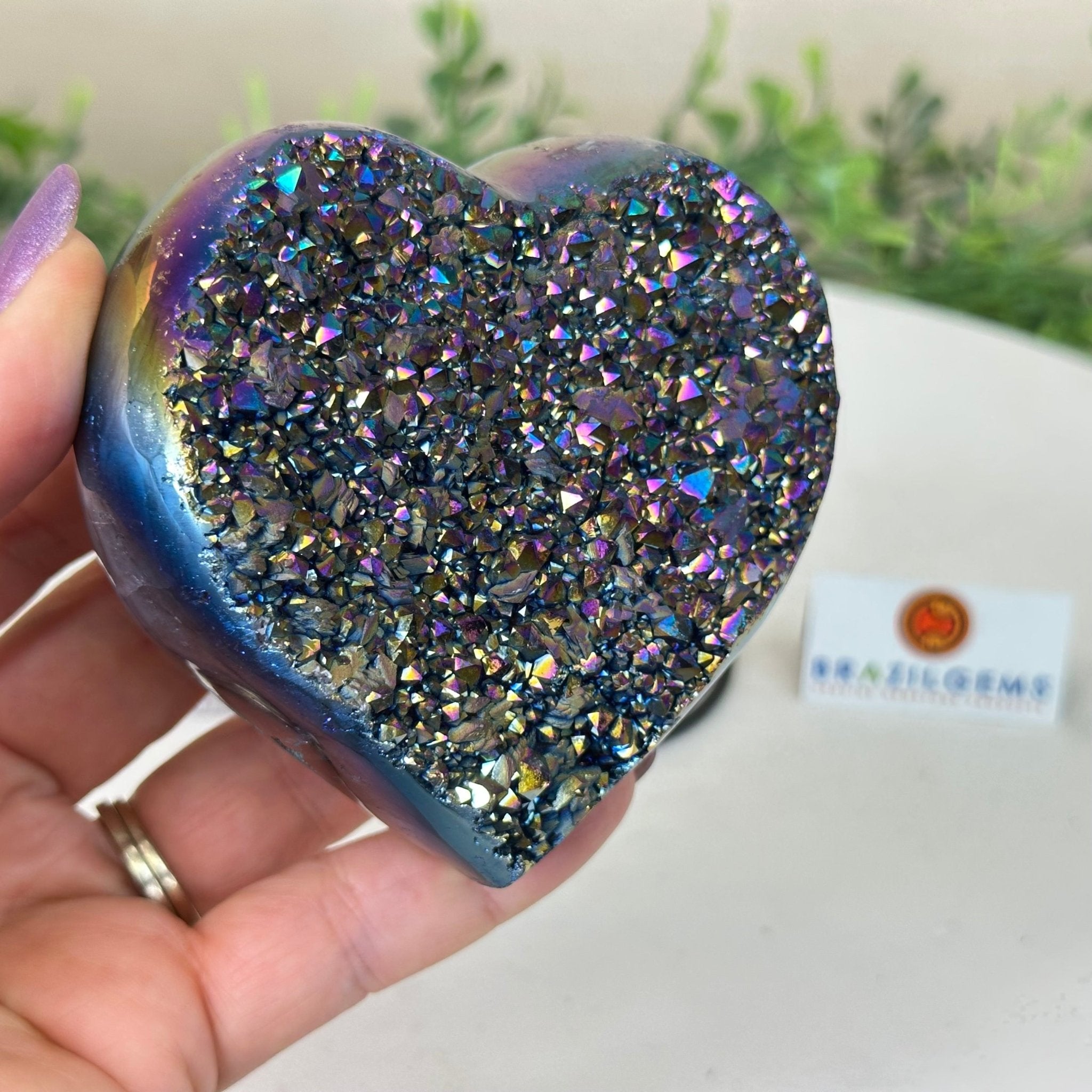 Rainbow Aura Quartz Heart on a Metal Stand, 1.1 lbs & 4.2" Tall #5463RA - 052 - Brazil GemsBrazil GemsRainbow Aura Quartz Heart on a Metal Stand, 1.1 lbs & 4.2" Tall #5463RA - 052Hearts5463RA - 052