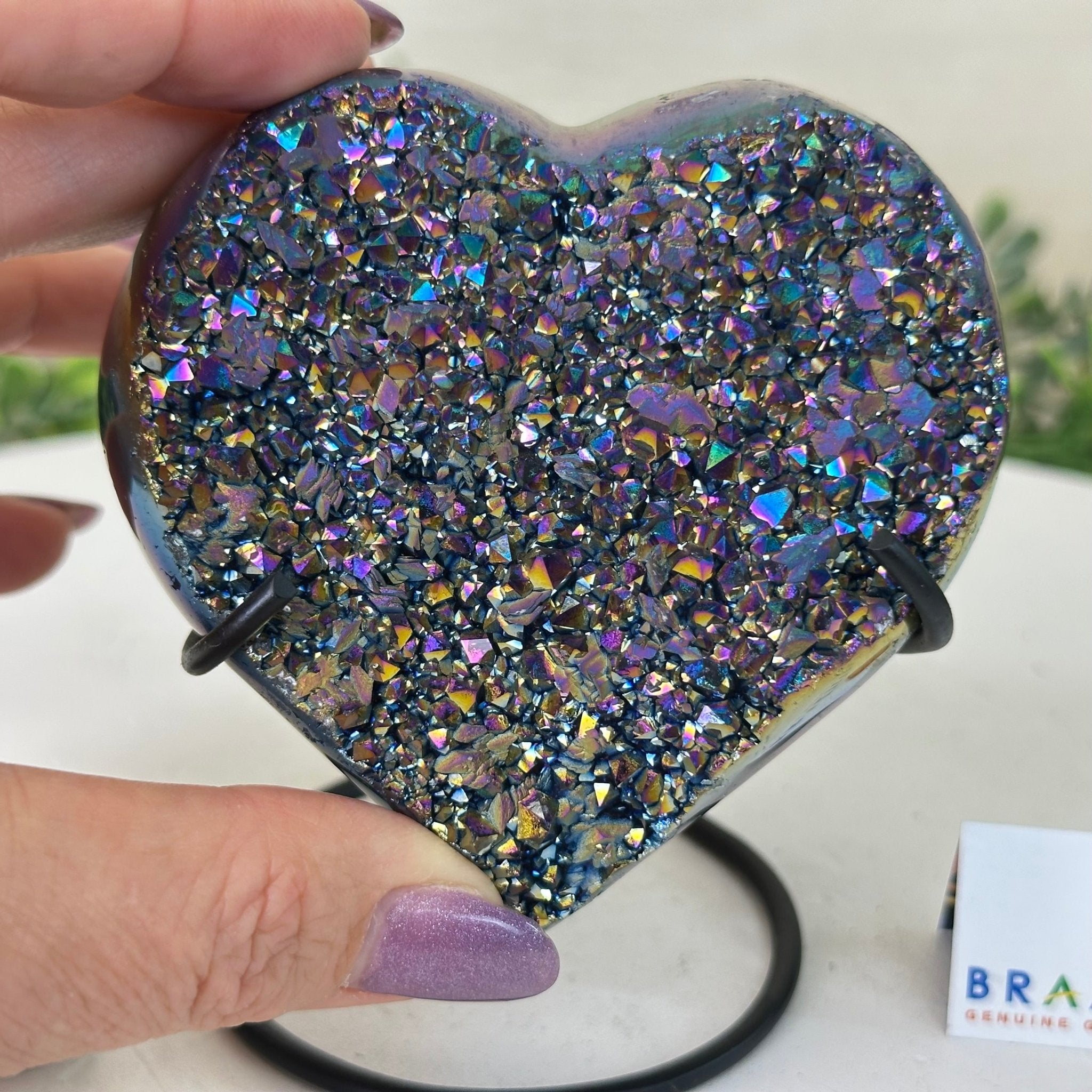 Rainbow Aura Quartz Heart on a Metal Stand, 1.1 lbs & 4.2" Tall #5463RA - 052 - Brazil GemsBrazil GemsRainbow Aura Quartz Heart on a Metal Stand, 1.1 lbs & 4.2" Tall #5463RA - 052Hearts5463RA - 052