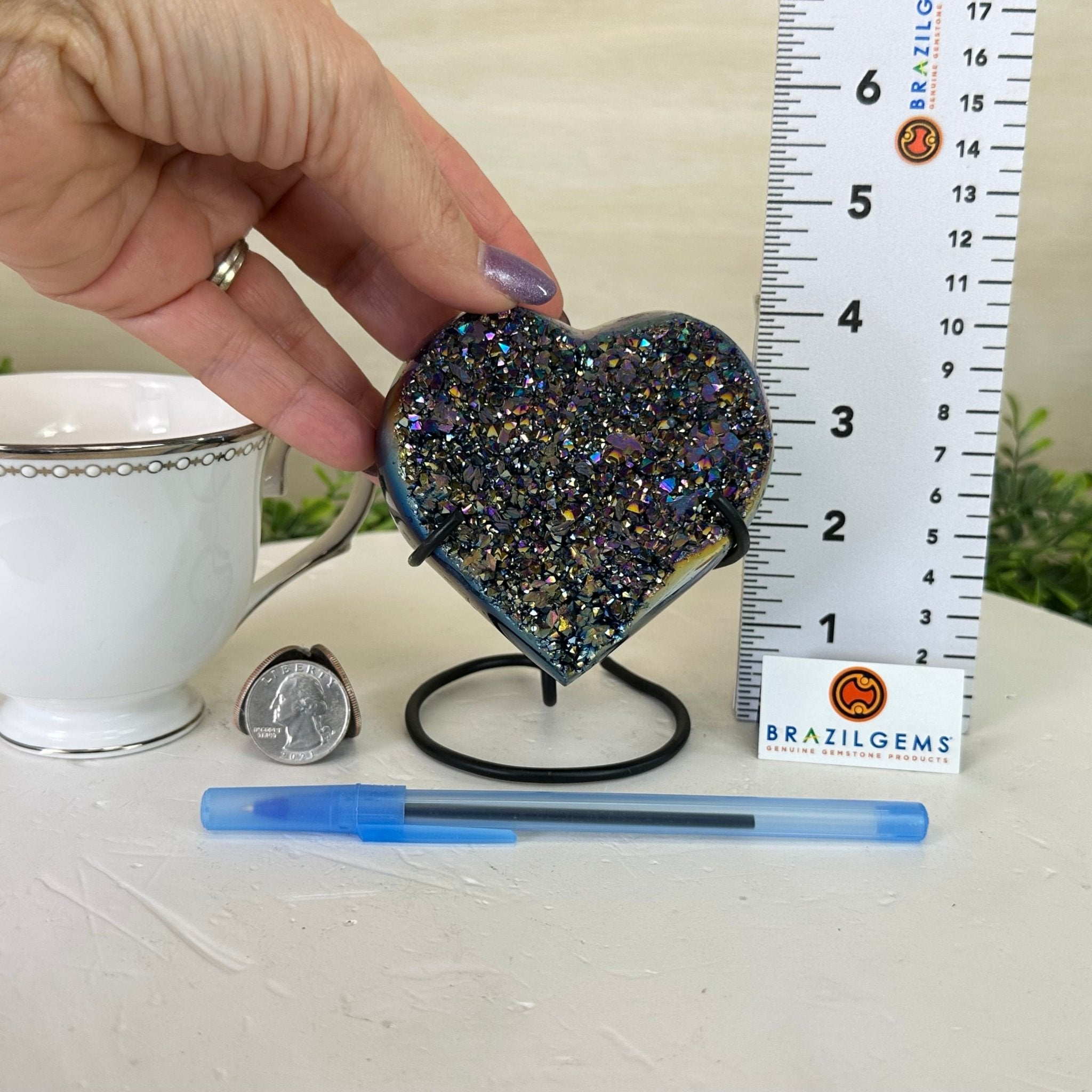 Rainbow Aura Quartz Heart on a Metal Stand, 1.1 lbs & 4.2" Tall #5463RA - 052 - Brazil GemsBrazil GemsRainbow Aura Quartz Heart on a Metal Stand, 1.1 lbs & 4.2" Tall #5463RA - 052Hearts5463RA - 052