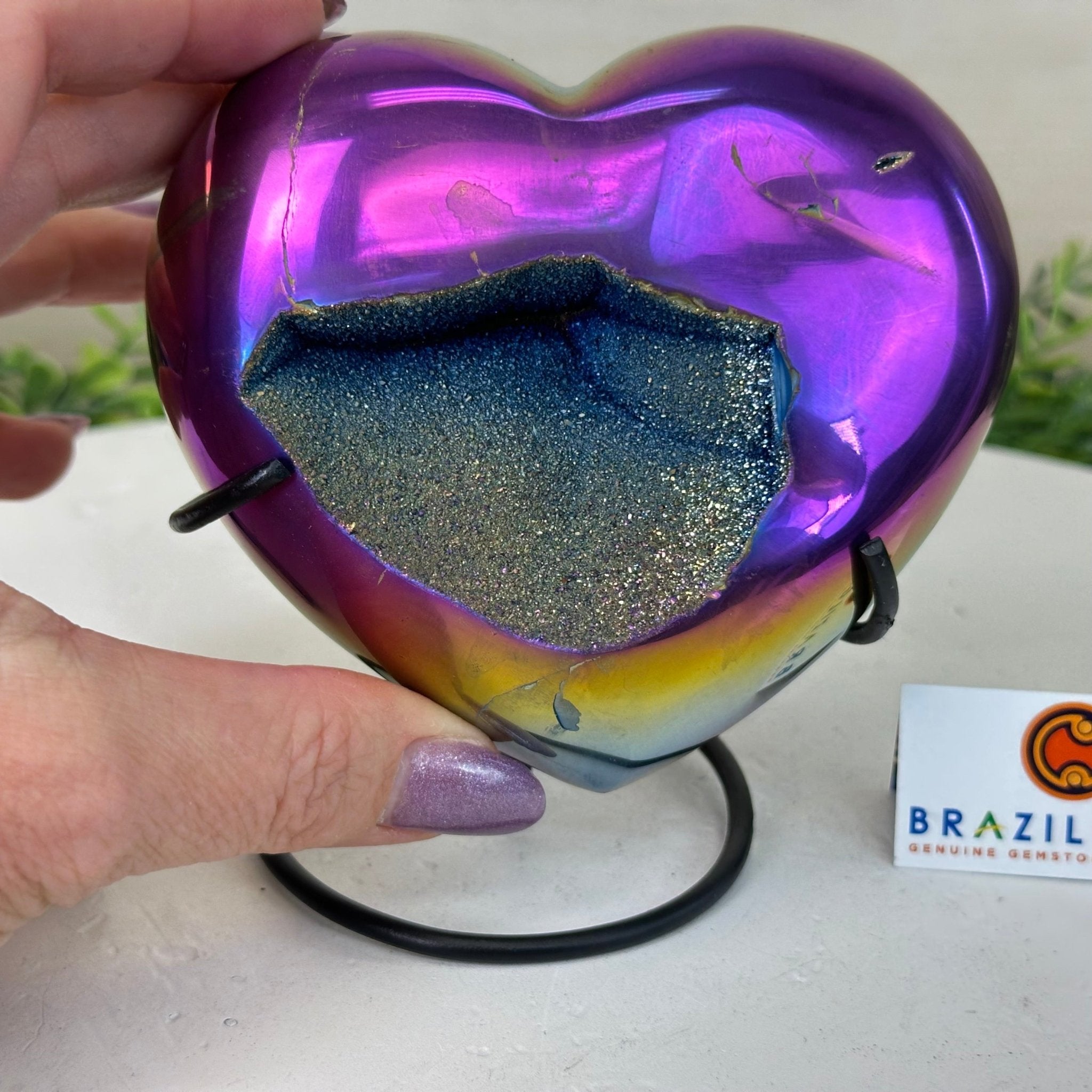 Rainbow Aura Quartz Heart on a Metal Stand, 1.5 lbs & 4.3" Tall #5463RA - 058 - Brazil GemsBrazil GemsRainbow Aura Quartz Heart on a Metal Stand, 1.5 lbs & 4.3" Tall #5463RA - 058Hearts5463RA - 058