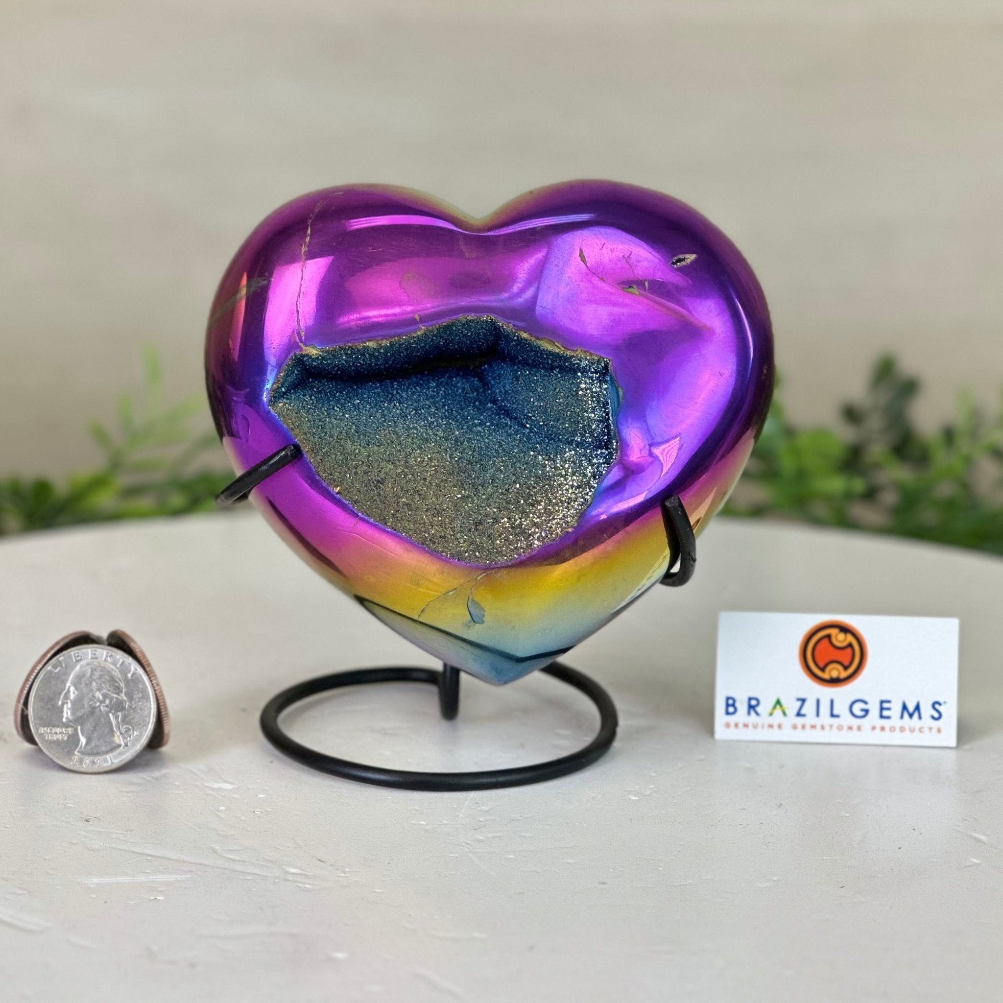 Rainbow Aura Quartz Heart on a Metal Stand, 1.5 lbs & 4.3" Tall #5463RA - 058 - Brazil GemsBrazil GemsRainbow Aura Quartz Heart on a Metal Stand, 1.5 lbs & 4.3" Tall #5463RA - 058Hearts5463RA - 058