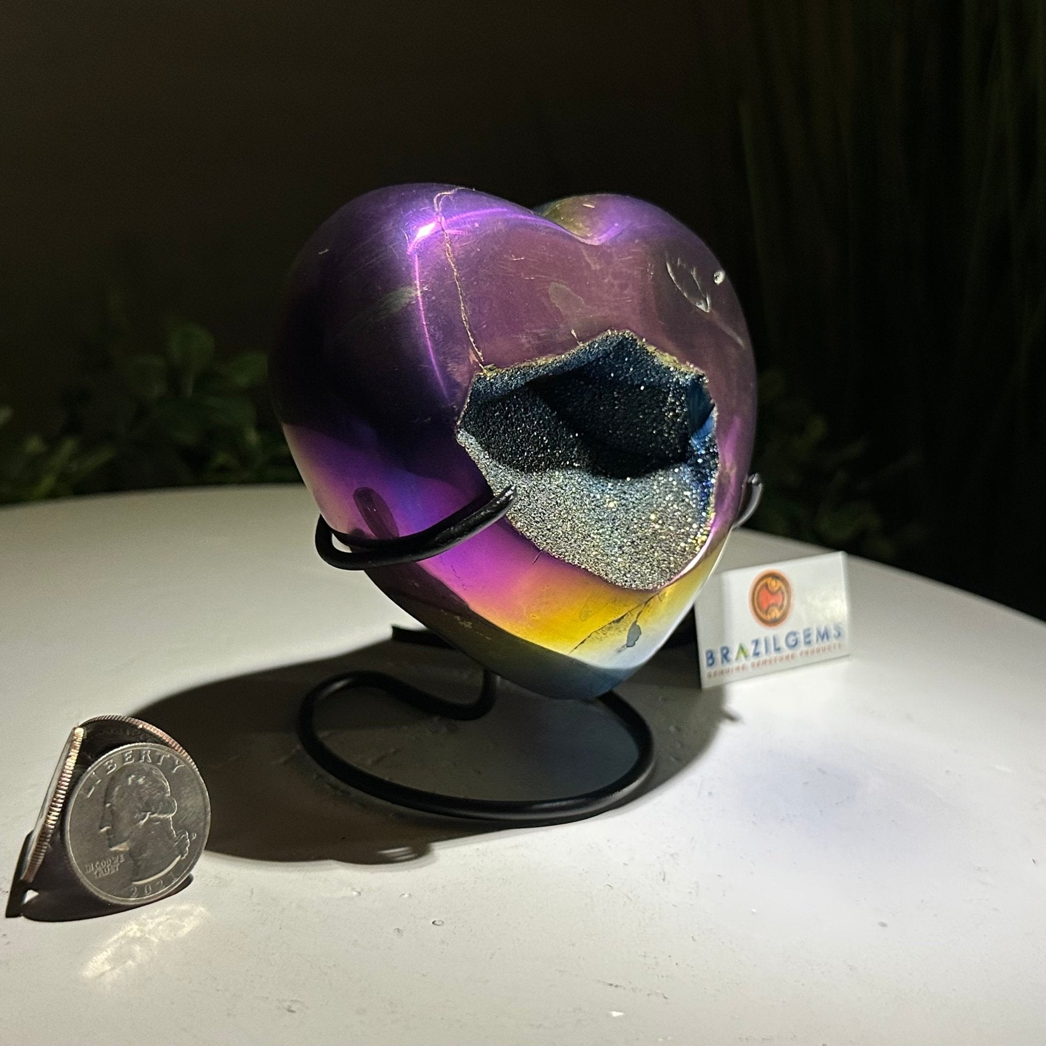 Rainbow Aura Quartz Heart on a Metal Stand, 1.5 lbs & 4.3" Tall #5463RA - 058 - Brazil GemsBrazil GemsRainbow Aura Quartz Heart on a Metal Stand, 1.5 lbs & 4.3" Tall #5463RA - 058Hearts5463RA - 058