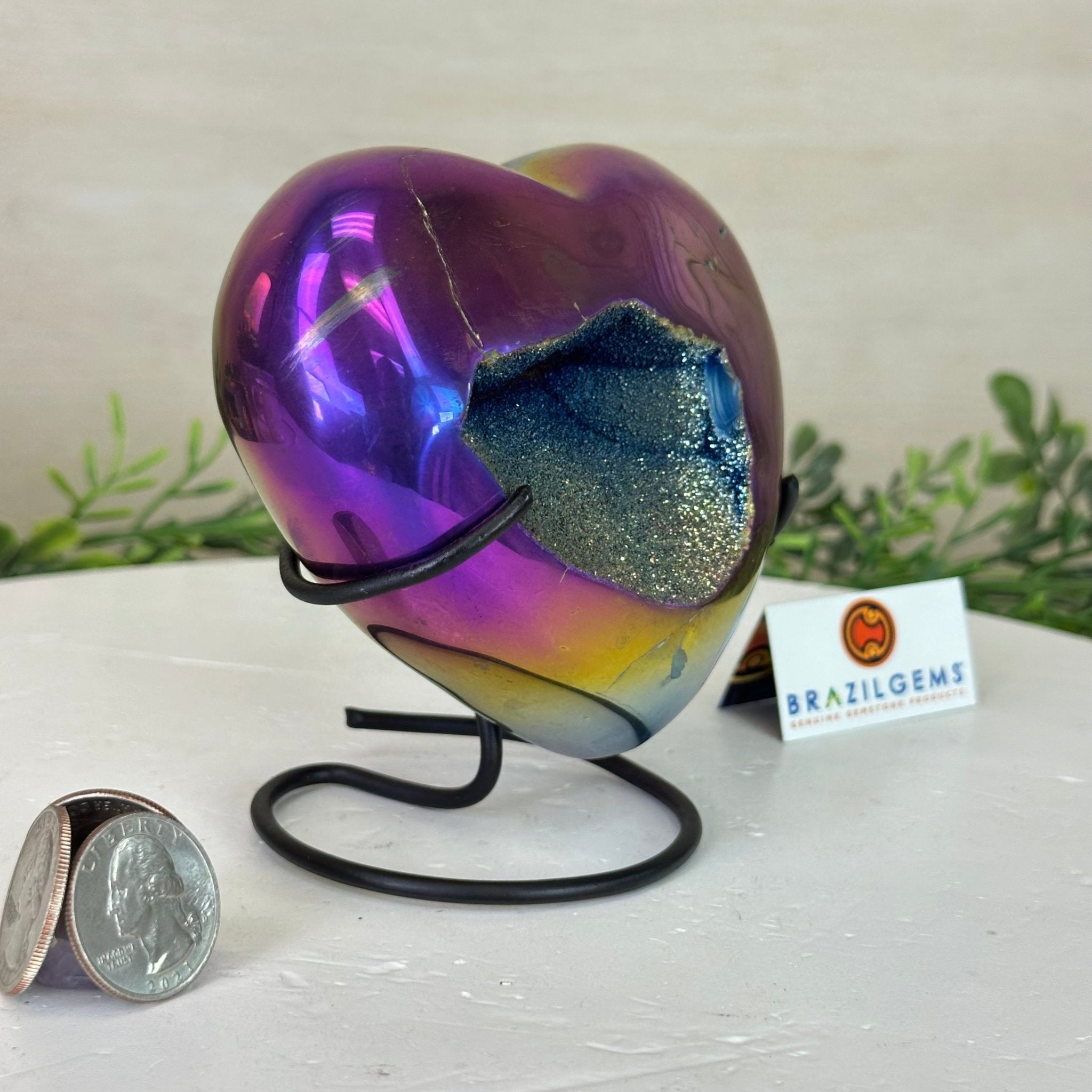 Rainbow Aura Quartz Heart on a Metal Stand, 1.5 lbs & 4.3" Tall #5463RA - 058 - Brazil GemsBrazil GemsRainbow Aura Quartz Heart on a Metal Stand, 1.5 lbs & 4.3" Tall #5463RA - 058Hearts5463RA - 058