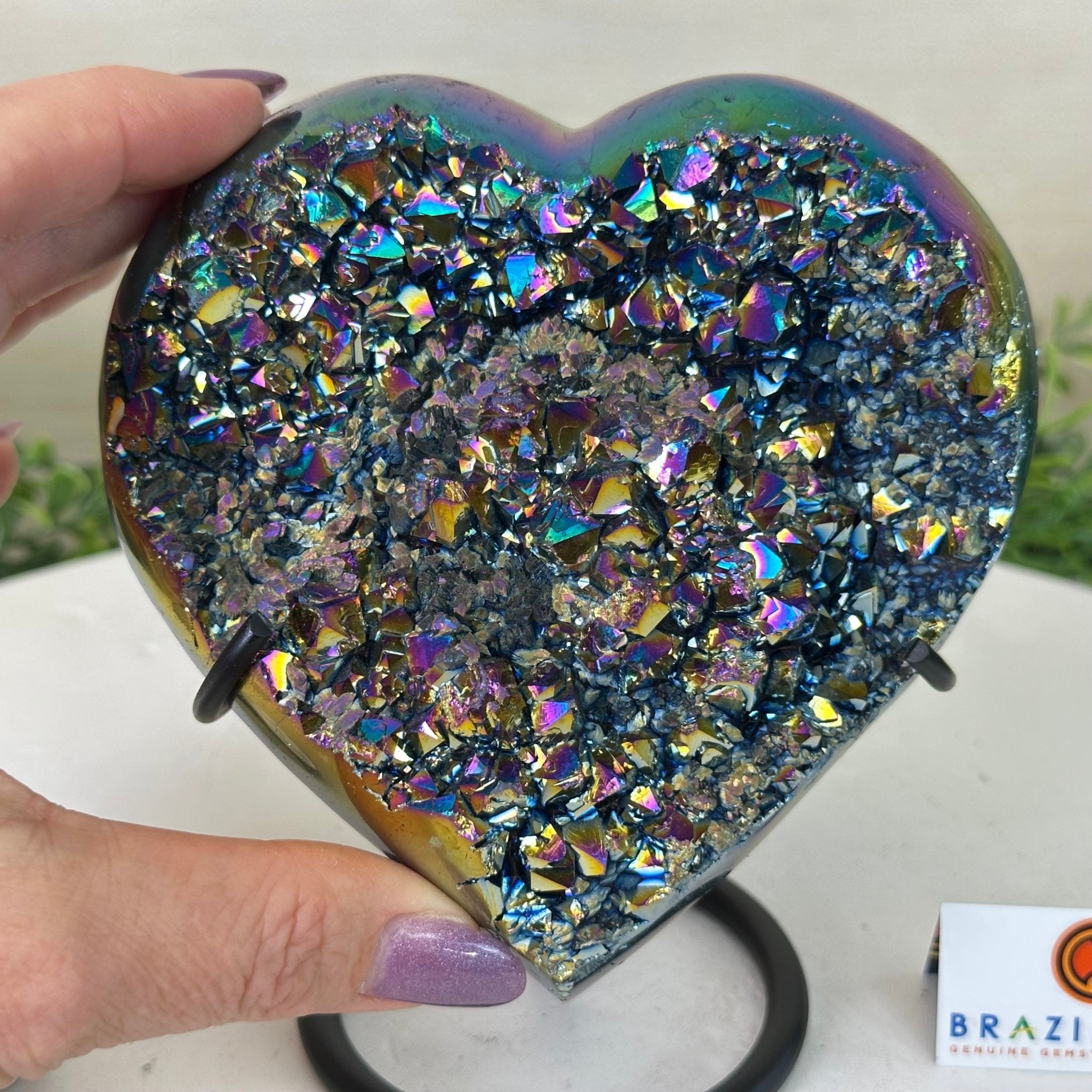 Rainbow Aura Quartz Heart on a Metal Stand, 2.2 lbs & 5.5" Tall #5463RA - 059 - Brazil GemsBrazil GemsRainbow Aura Quartz Heart on a Metal Stand, 2.2 lbs & 5.5" Tall #5463RA - 059Hearts5463RA - 059