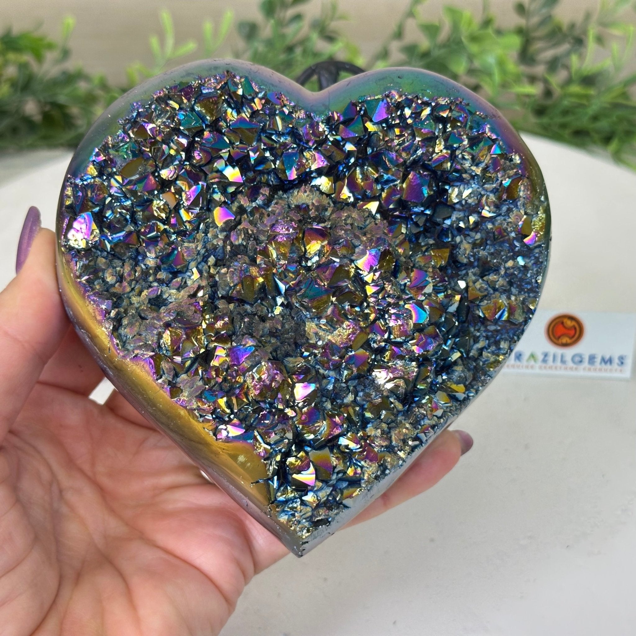 Rainbow Aura Quartz Heart on a Metal Stand, 2.2 lbs & 5.5" Tall #5463RA - 059 - Brazil GemsBrazil GemsRainbow Aura Quartz Heart on a Metal Stand, 2.2 lbs & 5.5" Tall #5463RA - 059Hearts5463RA - 059