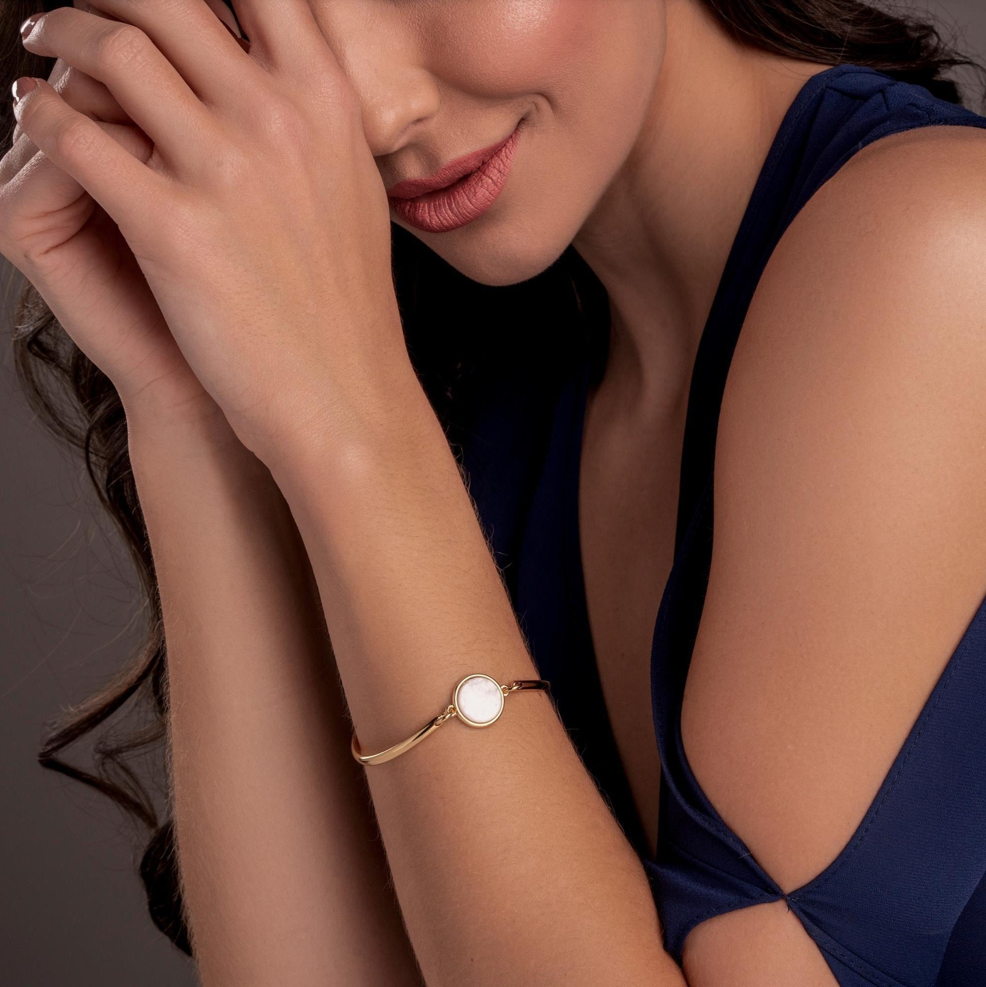 Round Gold Plated Bangle & Chain Bracelet w/ Natural