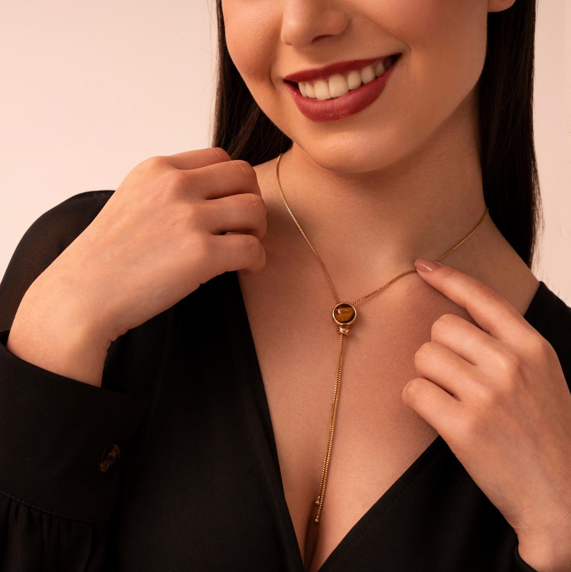 Round Natural Gemstones 18K Gold Plated Lariat Necklace - Brazil GemsBrazil GemsRound Natural Gemstones 18K Gold Plated Lariat NecklaceNecklace12GP0476 - 123