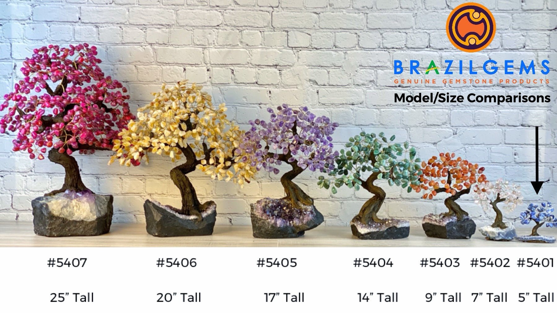 Set of 10 units - 5" Tall Handmade Gemstone Trees on an Amethyst Cluster base, 35 Total Gems, 12 Gem Options, Model #W5401-10 by Brazil Gems - Brazil GemsBrazil GemsSet of 10 units - 5" Tall Handmade Gemstone Trees on an Amethyst Cluster base, 35 Total Gems, 12 Gem Options, Model #W5401-10 by Brazil GemsGemstone Trees-WHW5401-10