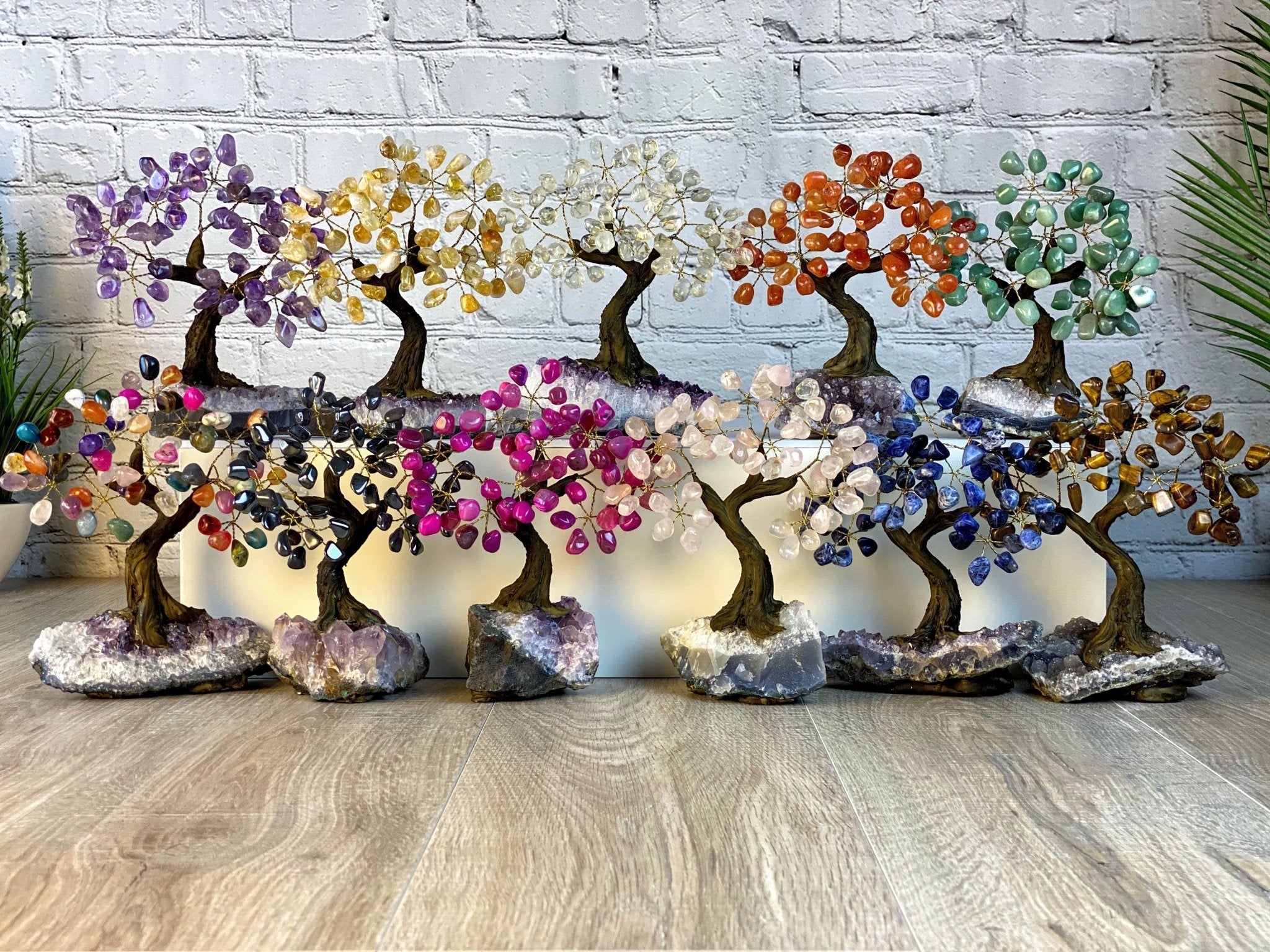 Set of 10 units - 7" Tall Handmade Gemstone Tree on an Amethyst Cluster base, 60 Total Gems, 12 Gem Options, Model #W5402-10 by Brazil Gems - Brazil GemsBrazil GemsSet of 10 units - 7" Tall Handmade Gemstone Tree on an Amethyst Cluster base, 60 Total Gems, 12 Gem Options, Model #W5402-10 by Brazil GemsGemstone Trees-WHW5402-10