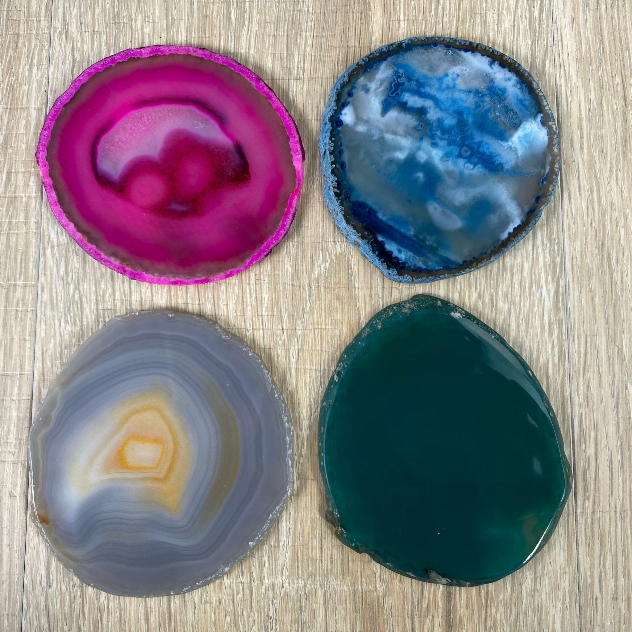 Agate Coasters Set of 4 Colorful deals Pink Dyed Coasters - Extra Large Agates with Druzy Center 24k Gold Electroplated Edge (RK64B12-02)