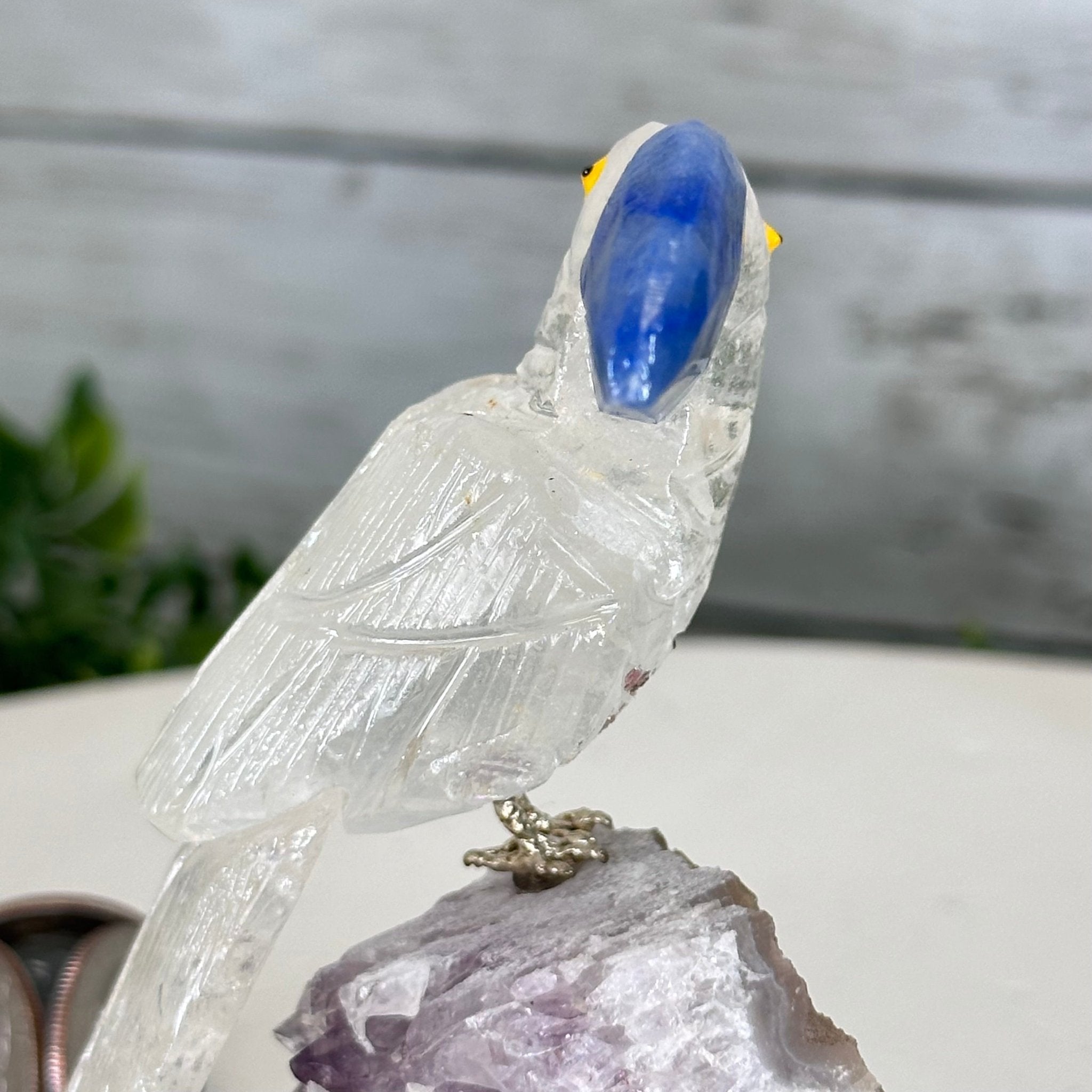 Small Hand - Carved Clear Quartz Toucan on an Amethyst Base #3002 - CQTAM - 031 - Brazil GemsBrazil GemsSmall Hand - Carved Clear Quartz Toucan on an Amethyst Base #3002 - CQTAM - 031Crystal Birds3002 - CQTAM - 031