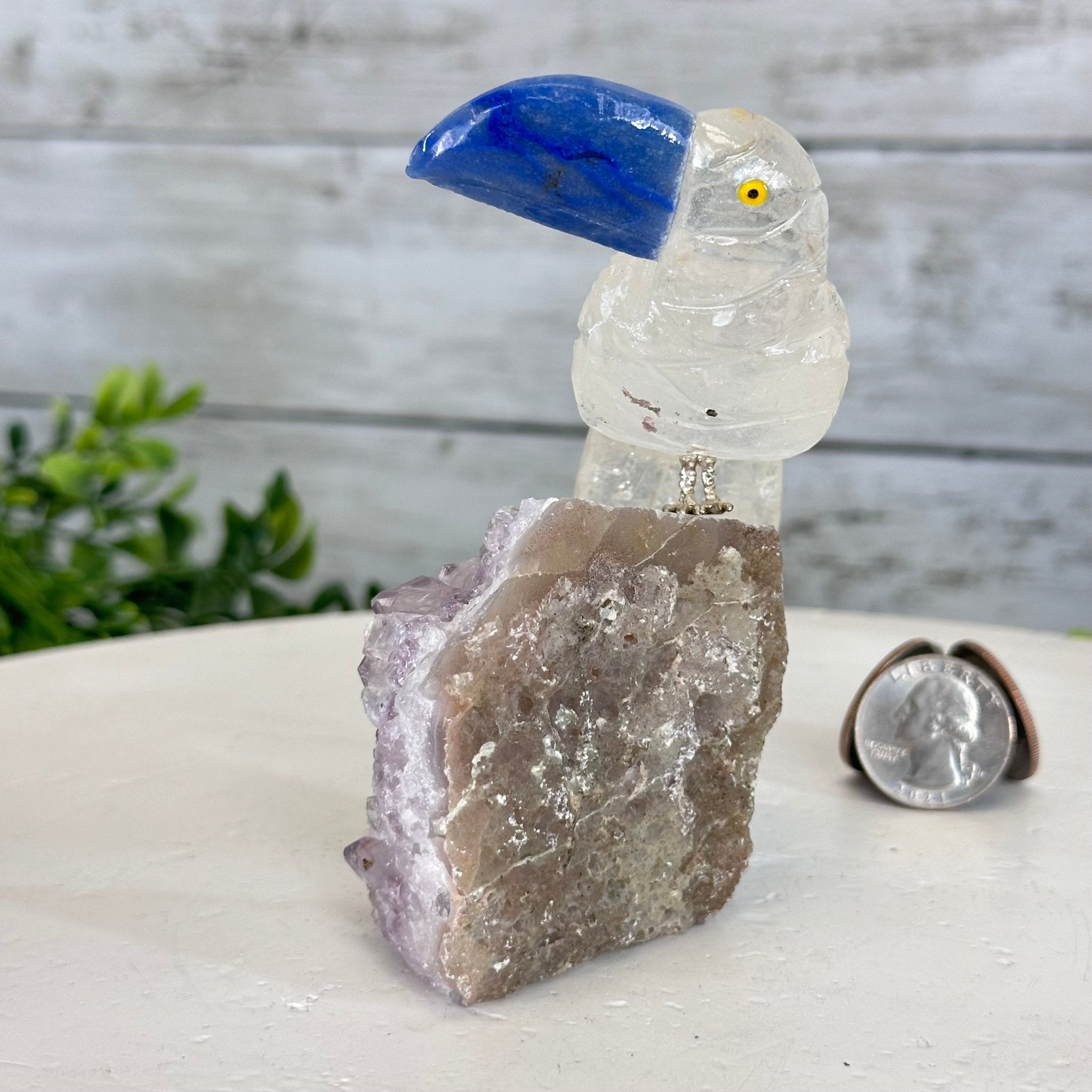 Small Hand - Carved Clear Quartz Toucan on an Amethyst Base #3002 - CQTAM - 031 - Brazil GemsBrazil GemsSmall Hand - Carved Clear Quartz Toucan on an Amethyst Base #3002 - CQTAM - 031Crystal Birds3002 - CQTAM - 031