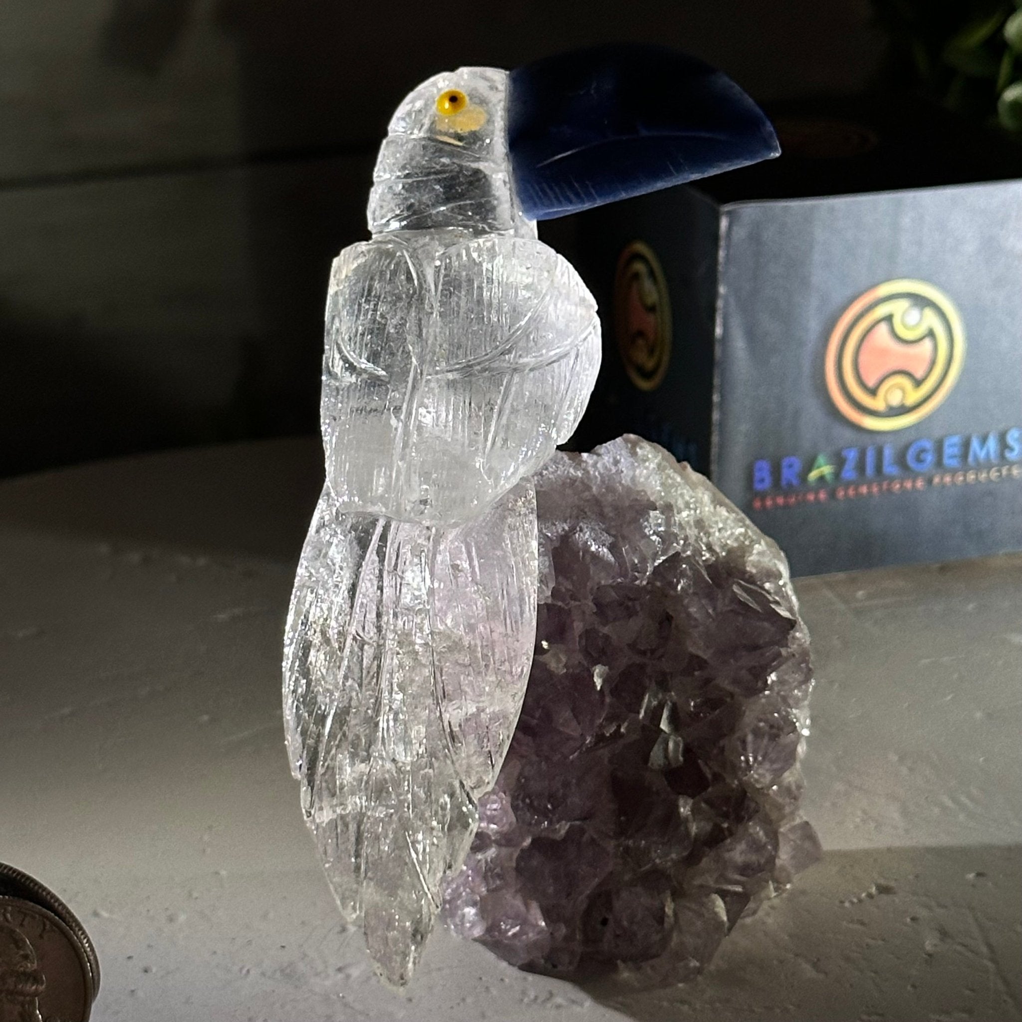 Small Hand - Carved Clear Quartz Toucan on an Amethyst Base #3002 - CQTAM - 031 - Brazil GemsBrazil GemsSmall Hand - Carved Clear Quartz Toucan on an Amethyst Base #3002 - CQTAM - 031Crystal Birds3002 - CQTAM - 031