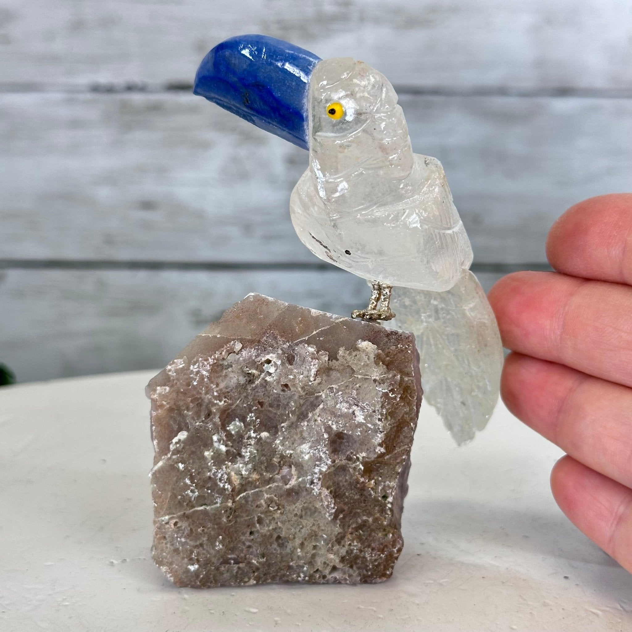 Small Hand - Carved Clear Quartz Toucan on an Amethyst Base #3002 - CQTAM - 031 - Brazil GemsBrazil GemsSmall Hand - Carved Clear Quartz Toucan on an Amethyst Base #3002 - CQTAM - 031Crystal Birds3002 - CQTAM - 031