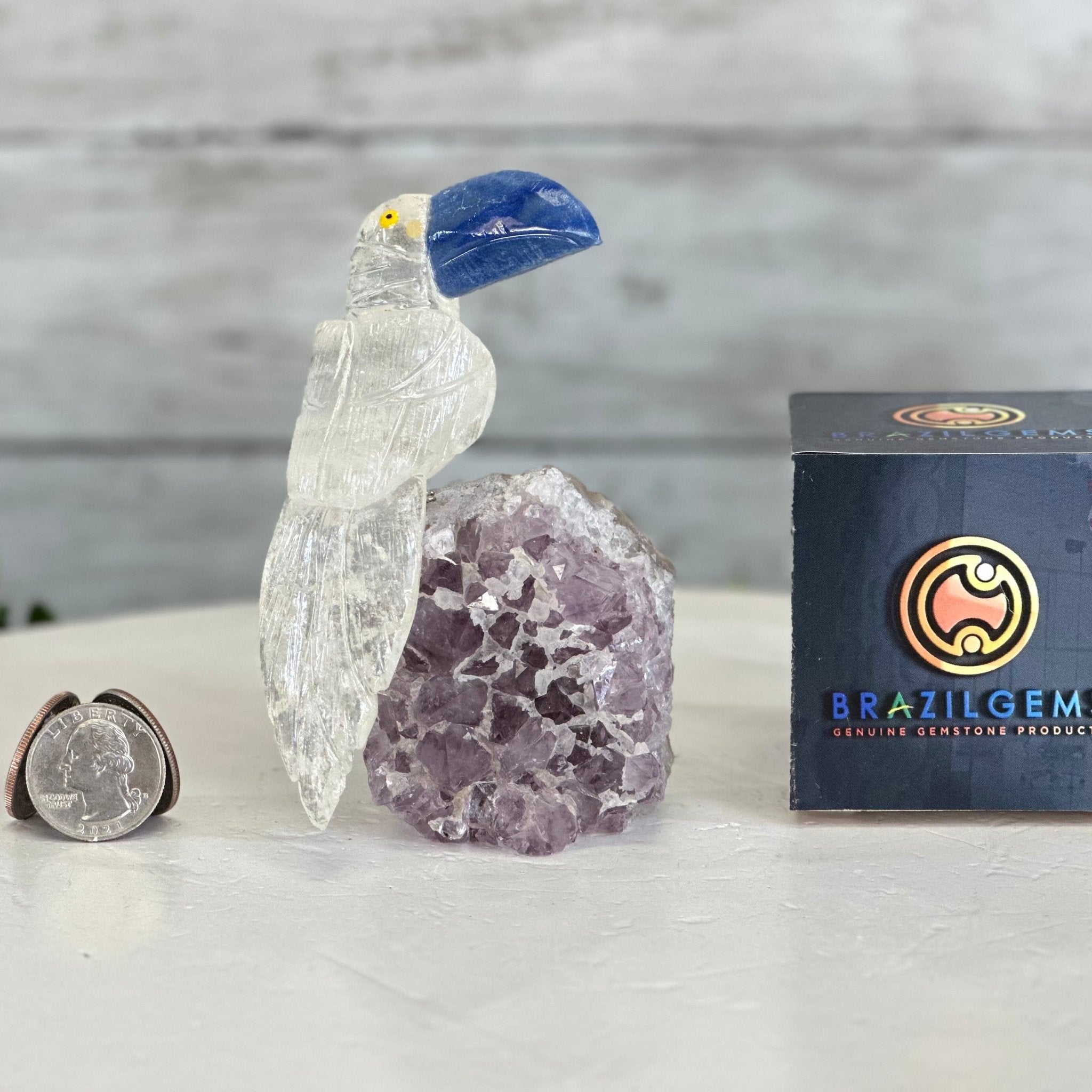 Small Hand - Carved Clear Quartz Toucan on an Amethyst Base #3002 - CQTAM - 031 - Brazil GemsBrazil GemsSmall Hand - Carved Clear Quartz Toucan on an Amethyst Base #3002 - CQTAM - 031Crystal Birds3002 - CQTAM - 031