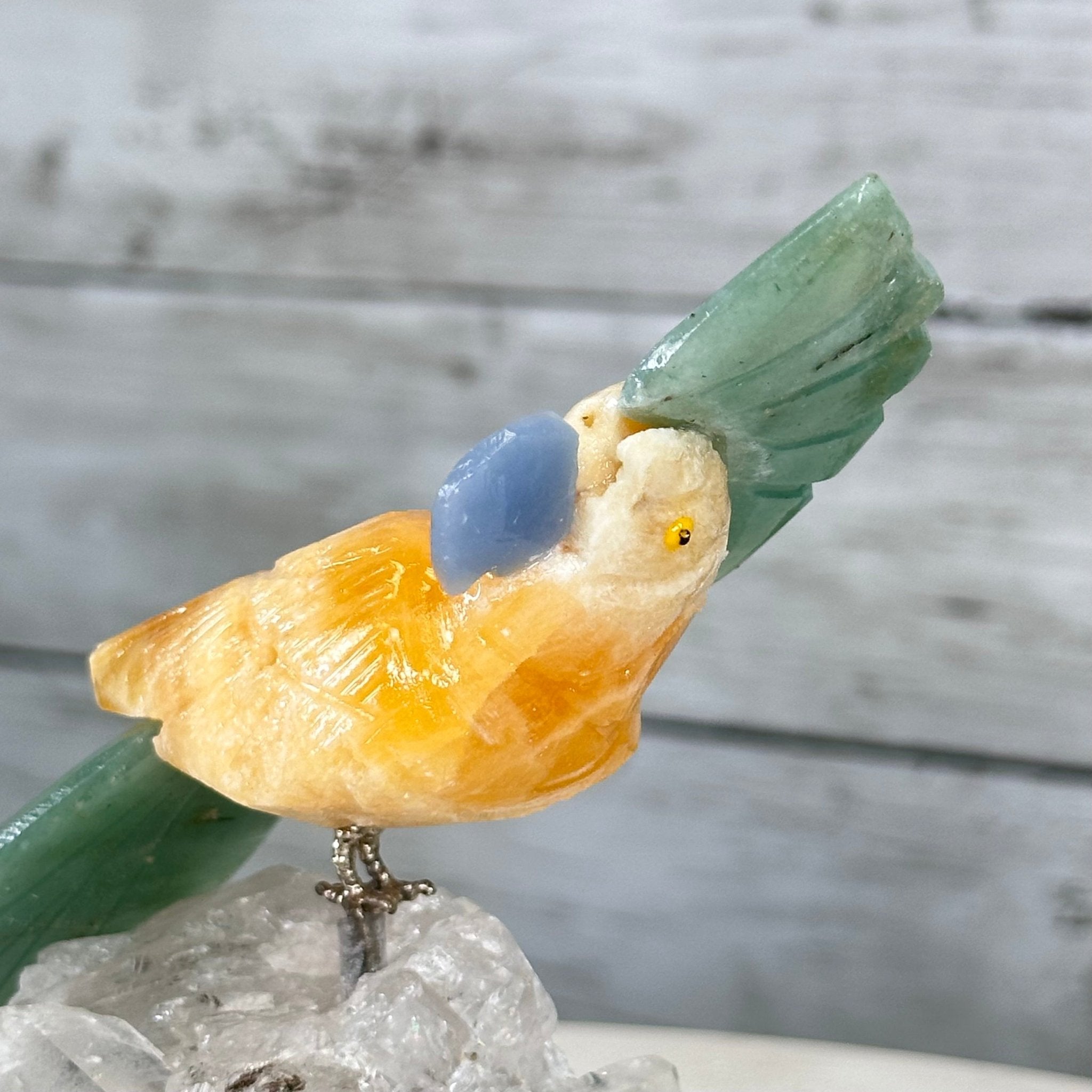 Small Hand - Carved Orange Calcite Cockatoo on a Clear Quartz Base #3002 - ORCCQ - 019 - Brazil GemsBrazil GemsSmall Hand - Carved Orange Calcite Cockatoo on a Clear Quartz Base #3002 - ORCCQ - 019Crystal Birds3002 - ORCCQ - 019