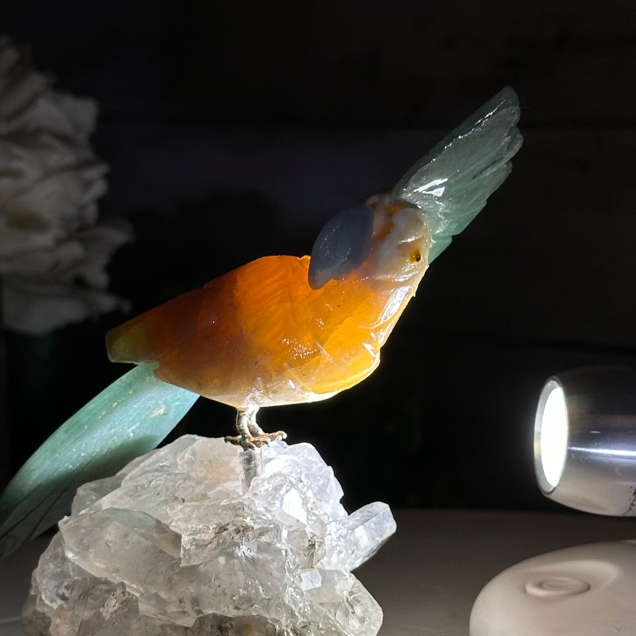 Small Hand - Carved Orange Calcite Cockatoo on a Clear Quartz Base #3002 - ORCCQ - 019 - Brazil GemsBrazil GemsSmall Hand - Carved Orange Calcite Cockatoo on a Clear Quartz Base #3002 - ORCCQ - 019Crystal Birds3002 - ORCCQ - 019