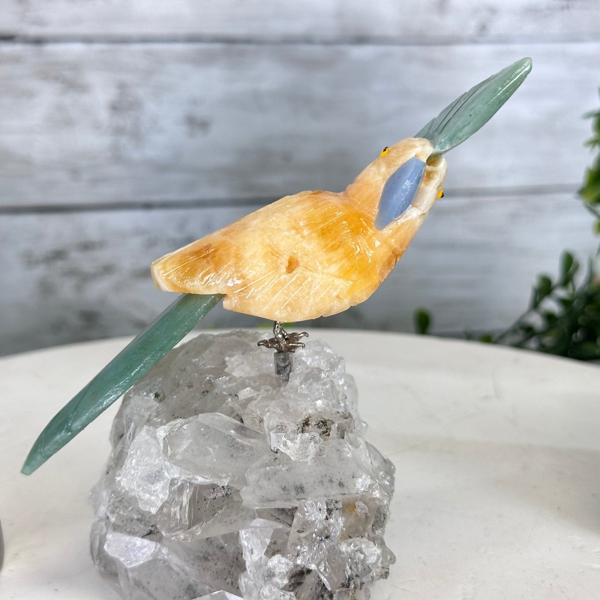 Small Hand - Carved Orange Calcite Cockatoo on a Clear Quartz Base #3002 - ORCCQ - 019 - Brazil GemsBrazil GemsSmall Hand - Carved Orange Calcite Cockatoo on a Clear Quartz Base #3002 - ORCCQ - 019Crystal Birds3002 - ORCCQ - 019