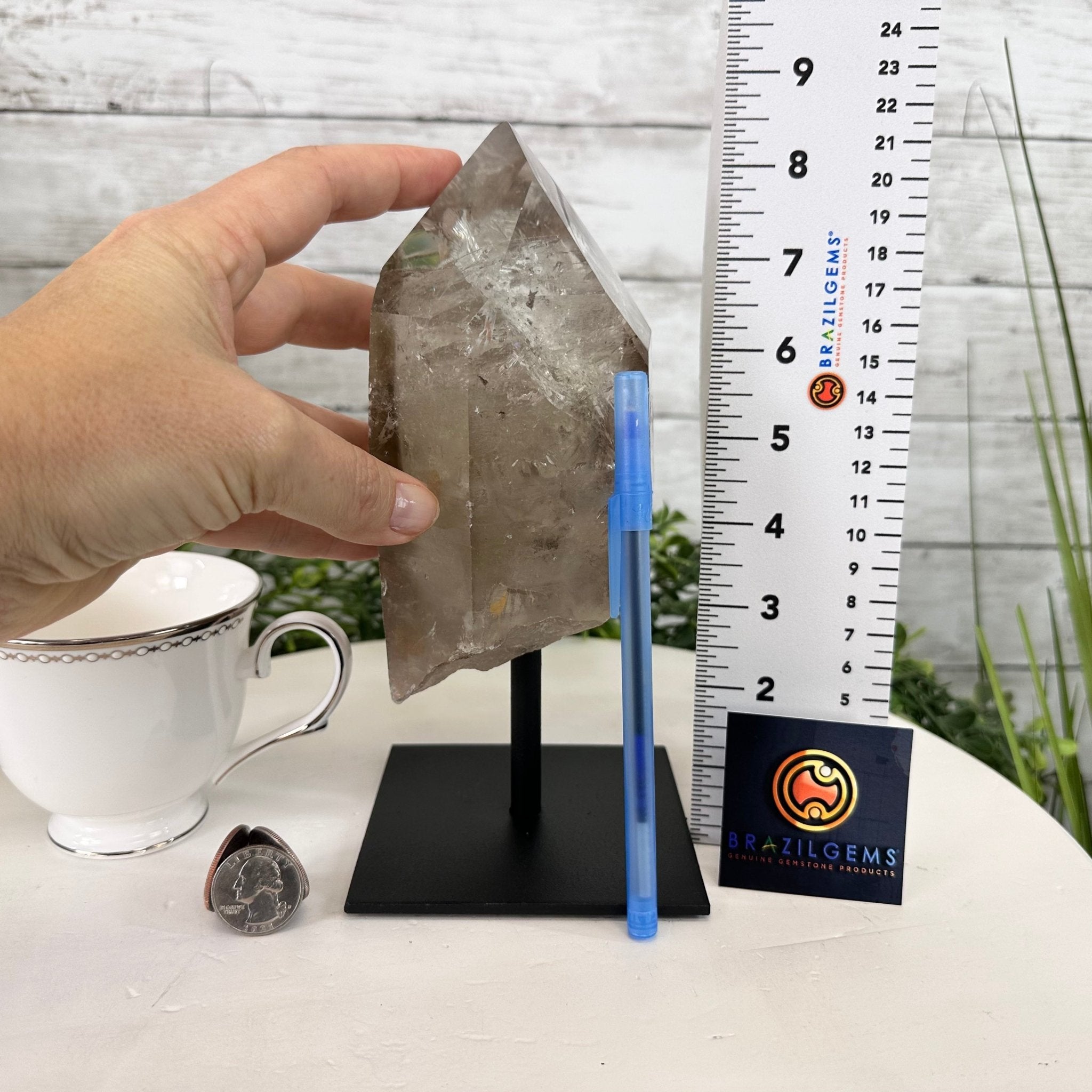 Smoky Quartz Crystal Point on a Metal Stand, 8.3" Tall Model #3122SQ-006 by Brazil Gems - Brazil GemsBrazil GemsSmoky Quartz Crystal Point on a Metal Stand, 8.3" Tall Model #3122SQ-006 by Brazil GemsCrystal Points3122SQ-006